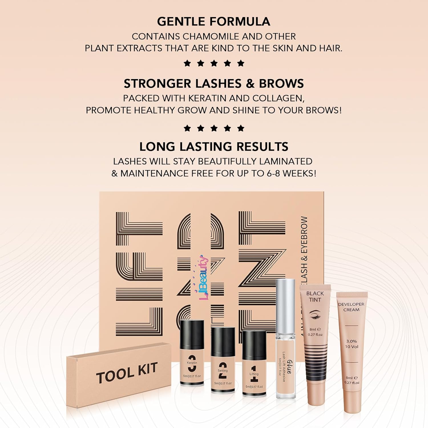 Libeauty Kit de elevación de pestañas y color para cejas con color negro, permanente de elevación rápida y coloración voluminosa con herramientas