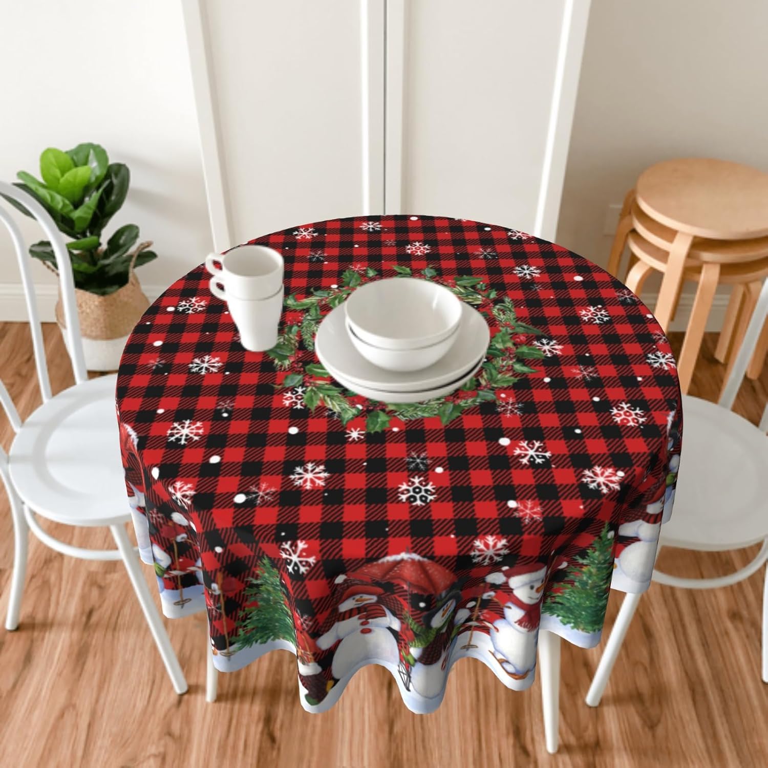 Giwawa Mantel redondo de muñeco de nieve de 60 pulgadas, diseño de copos de nieve de invierno, mantel con diseño de búfalo rojo y negro, con bayas