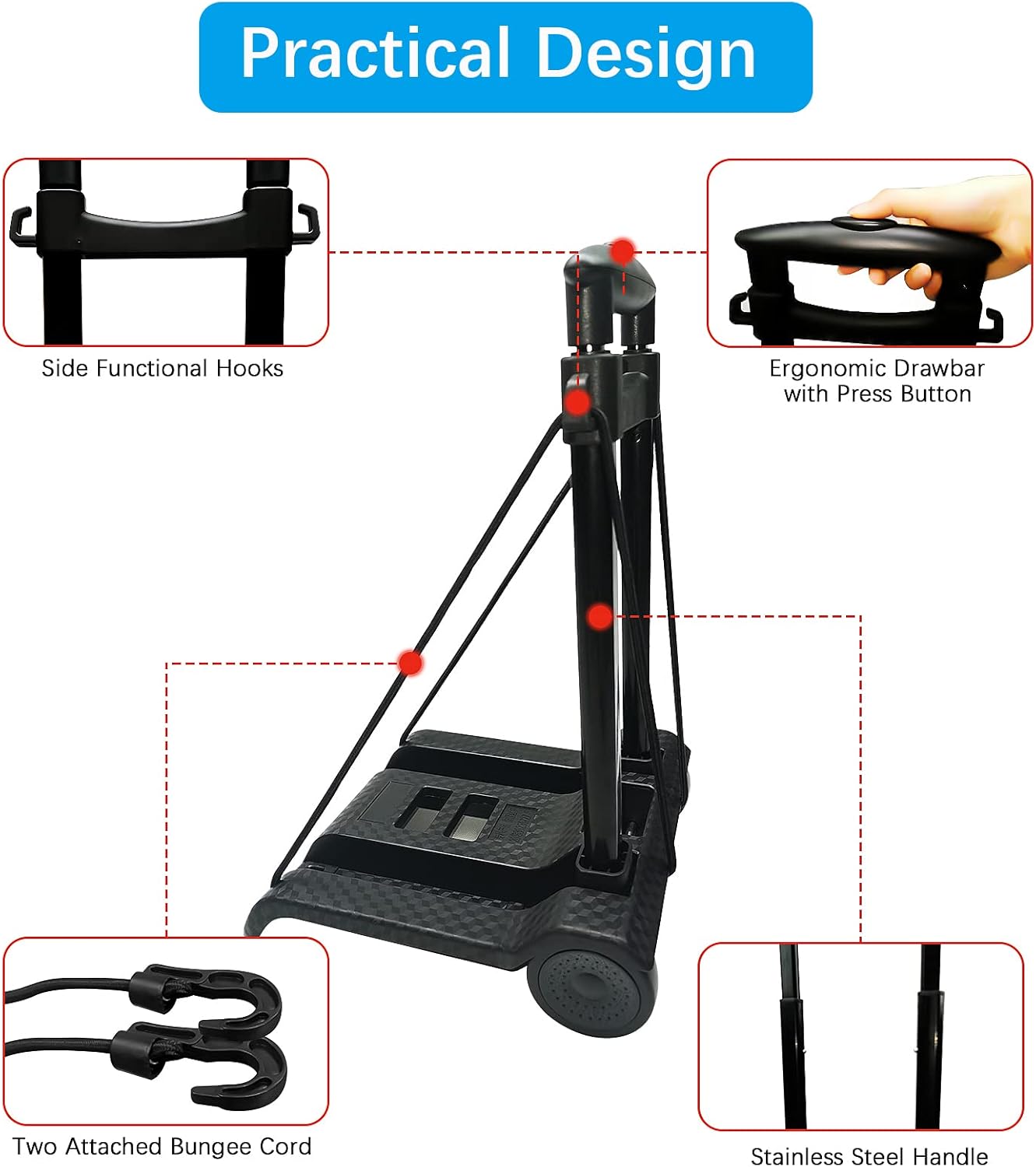 Carro de mano plegable portátil, carrito ligero compacto con 110.2 lbs110 libras, resistente, 2 ruedas, construcción sólida, mango ajustable para