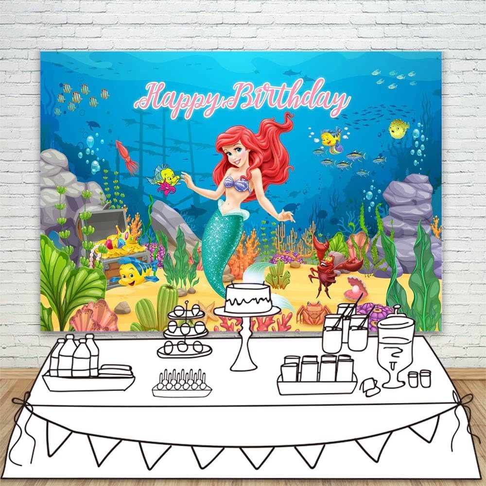 Fondo de vinilo con texto en inglés “Under The Sea Little Sirenita” de 5 x 3 pies, fondo de vinilo blanco de Ariel de sirena para niñas, suministros