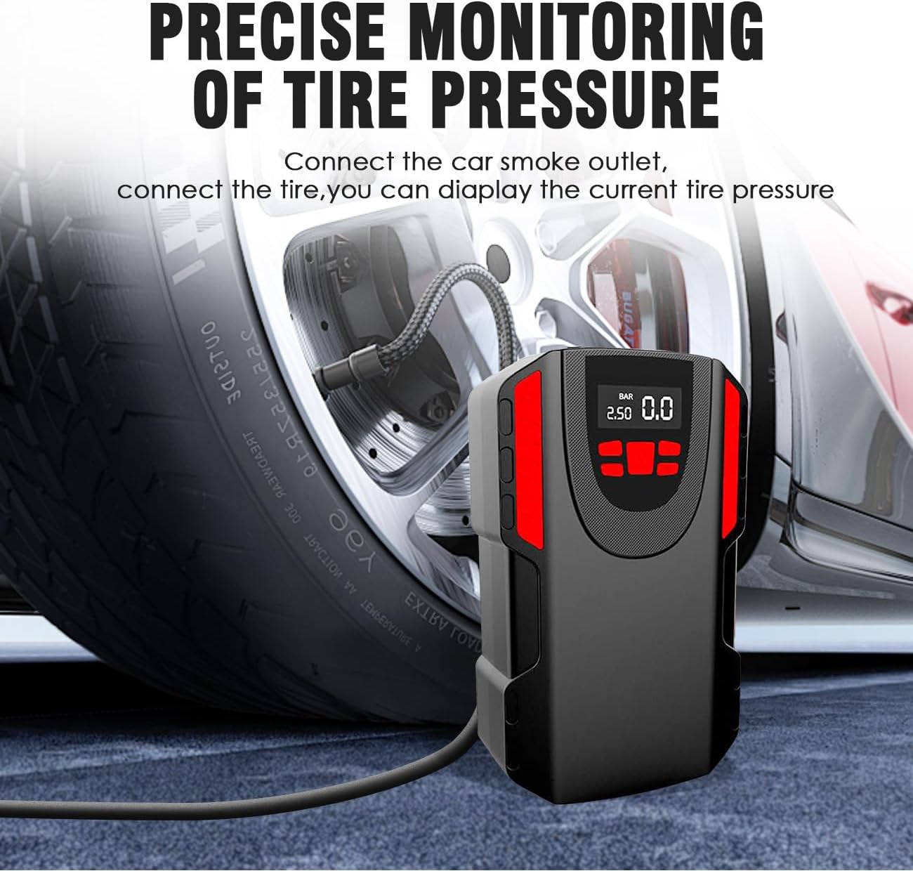 Inflador de neumáticos, bomba de compresor de aire portátil de 120 W para neumáticos de automóvil con detección de presión de neumáticos