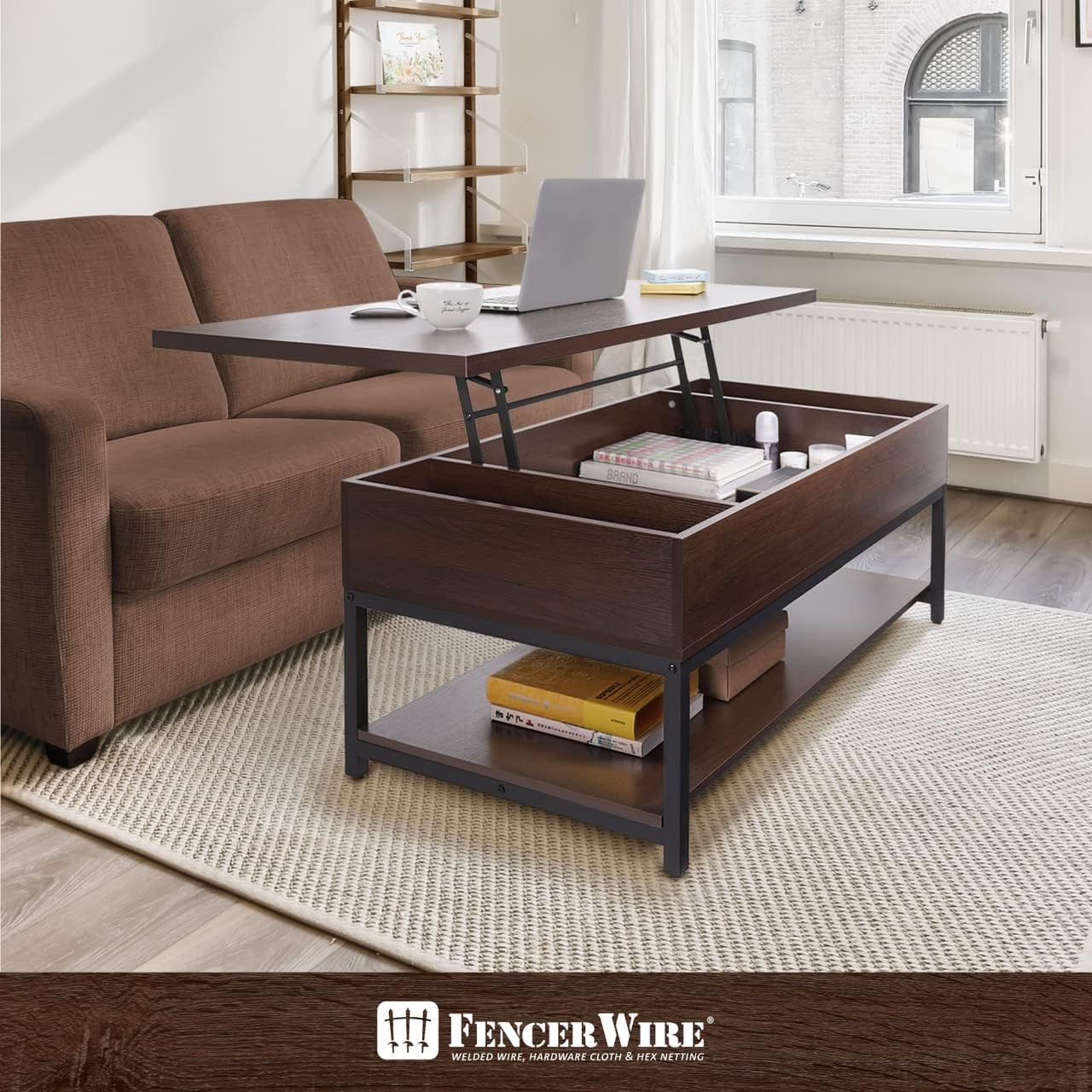 Fencer Wire Mesa de centro elevable con almacenamiento, mesa de centro con estante inferior abierto, mesa de centro de almacenamiento con elevador