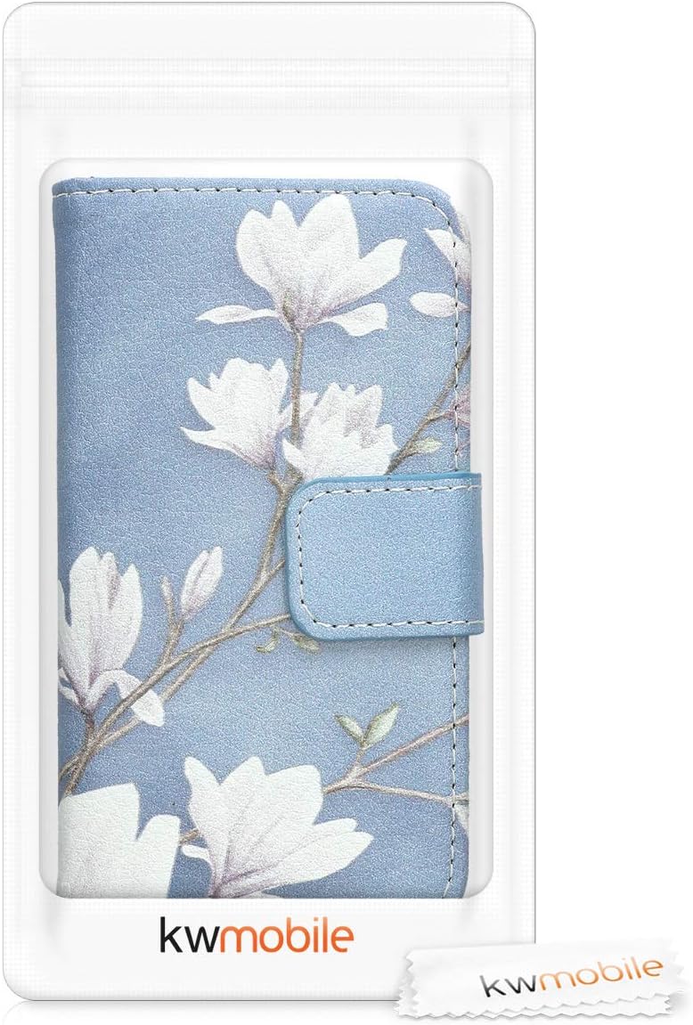kwmobile Funda tipo cartera compatible con Apple iPhone 4 y 4S, magnolias gris topo, blanco, azul y gris