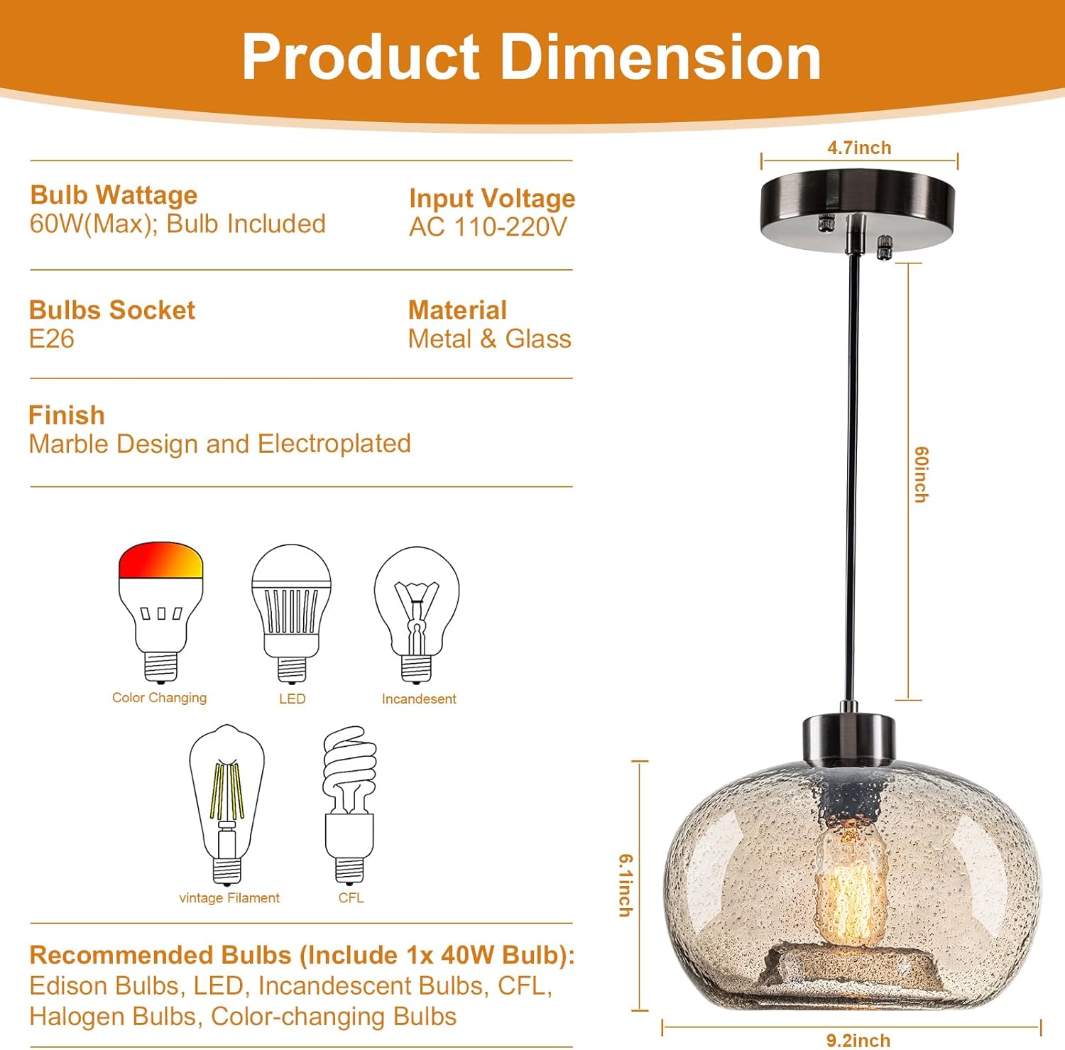 HASUN Paquete de 2 luces colgantes de cristal, 9.2 pulgadas de cocina, luces colgantes sobre la isla, calabaza moderna de mármol ámbar colgante de