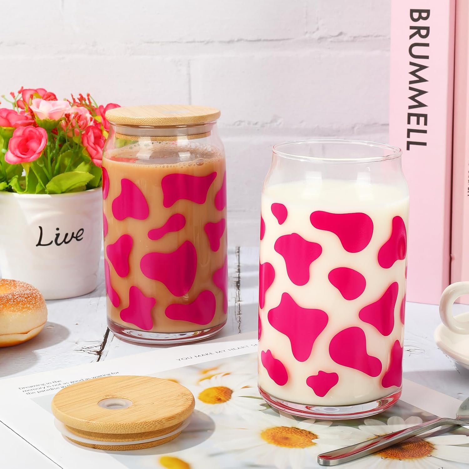 Whaline Paquete de 2 vasos de bebida de vaca de 16 onzas con estampado de vaca roja rosa, taza de café helado con tapas de bambú, popote de vidrio
