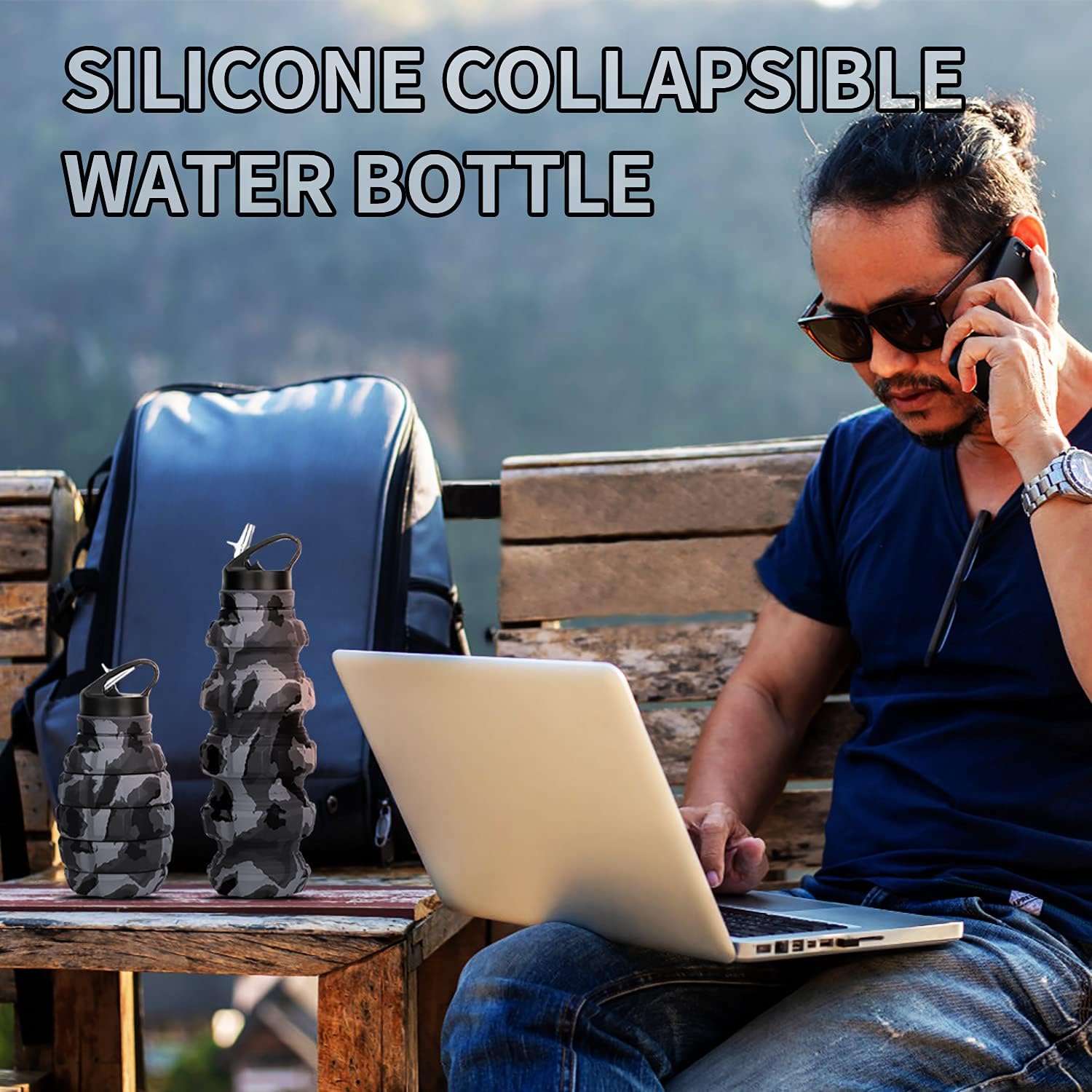 Botella de agua plegable de viaje de 18 onzas, botellas de agua plegables de silicona reutilizables para gimnasio, campamento, senderismo, botella