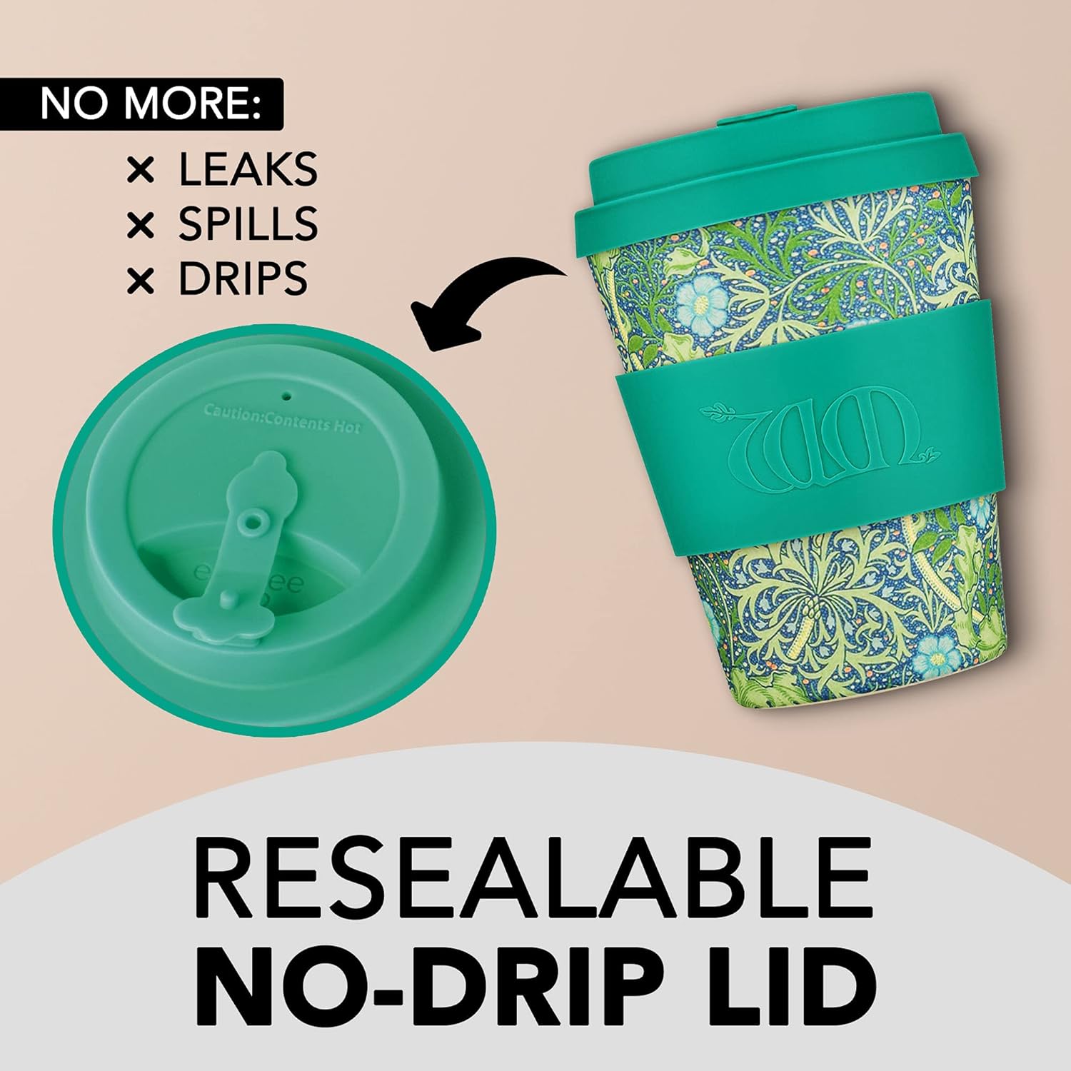 Ecoffee Cup + William Morris Seaweed Marine con silicona turquesa de 12 onzas, reutilizable y respetuosa con el medio ambiente para llevar