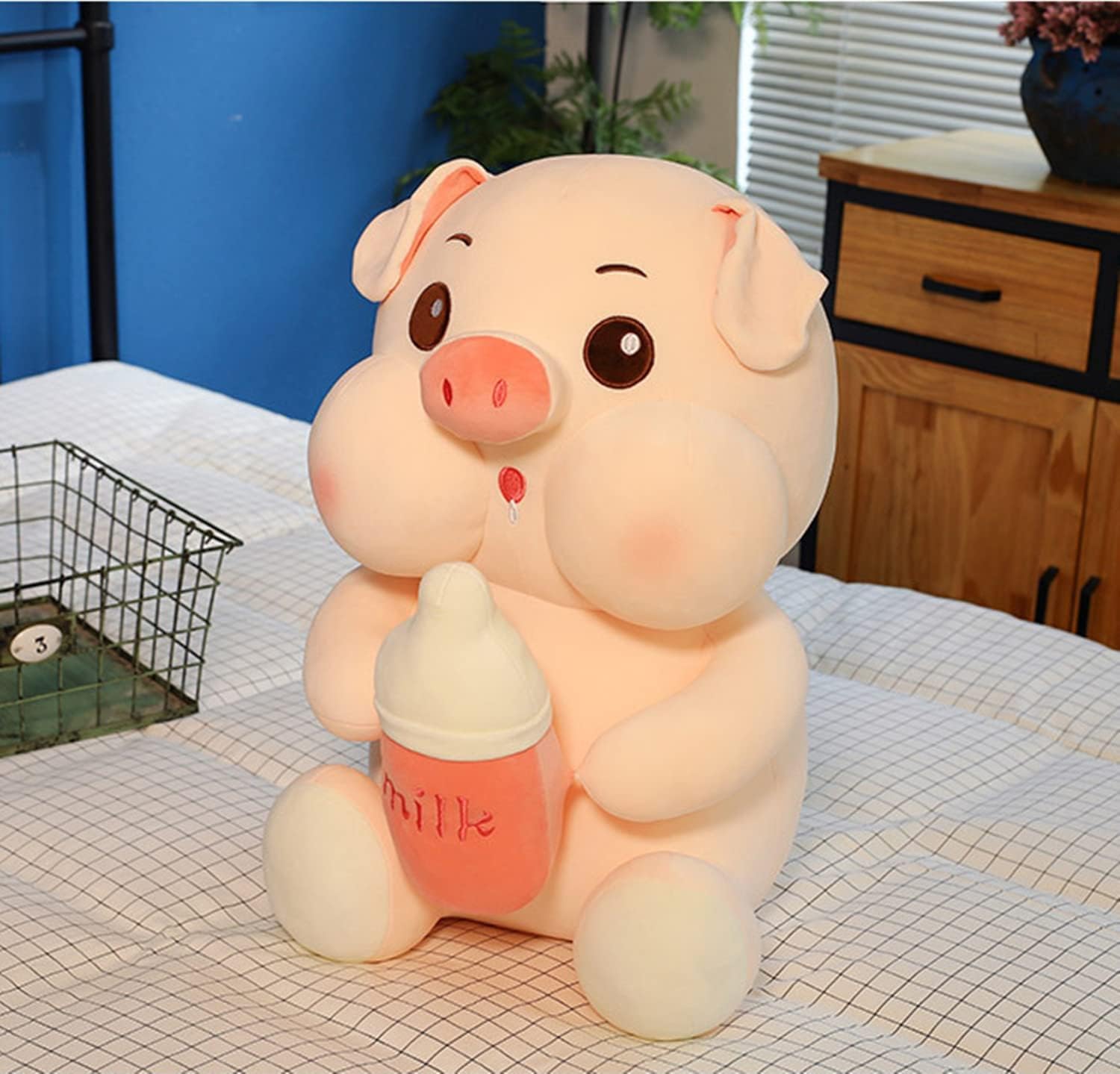 Juguete de peluche de cerdo de 13.7 pulgadas, linda almohada de cerdo con botella de leche de peluche de cerdo para abrazar, regalos para niños,