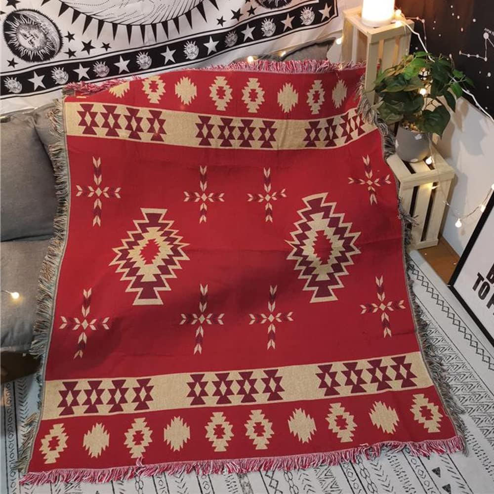 CCHYF Manta de nativos americanos del suroeste, manta azteca, decoración de pared bohemia roja con borlas tejidas de algodón, mantas y mantas