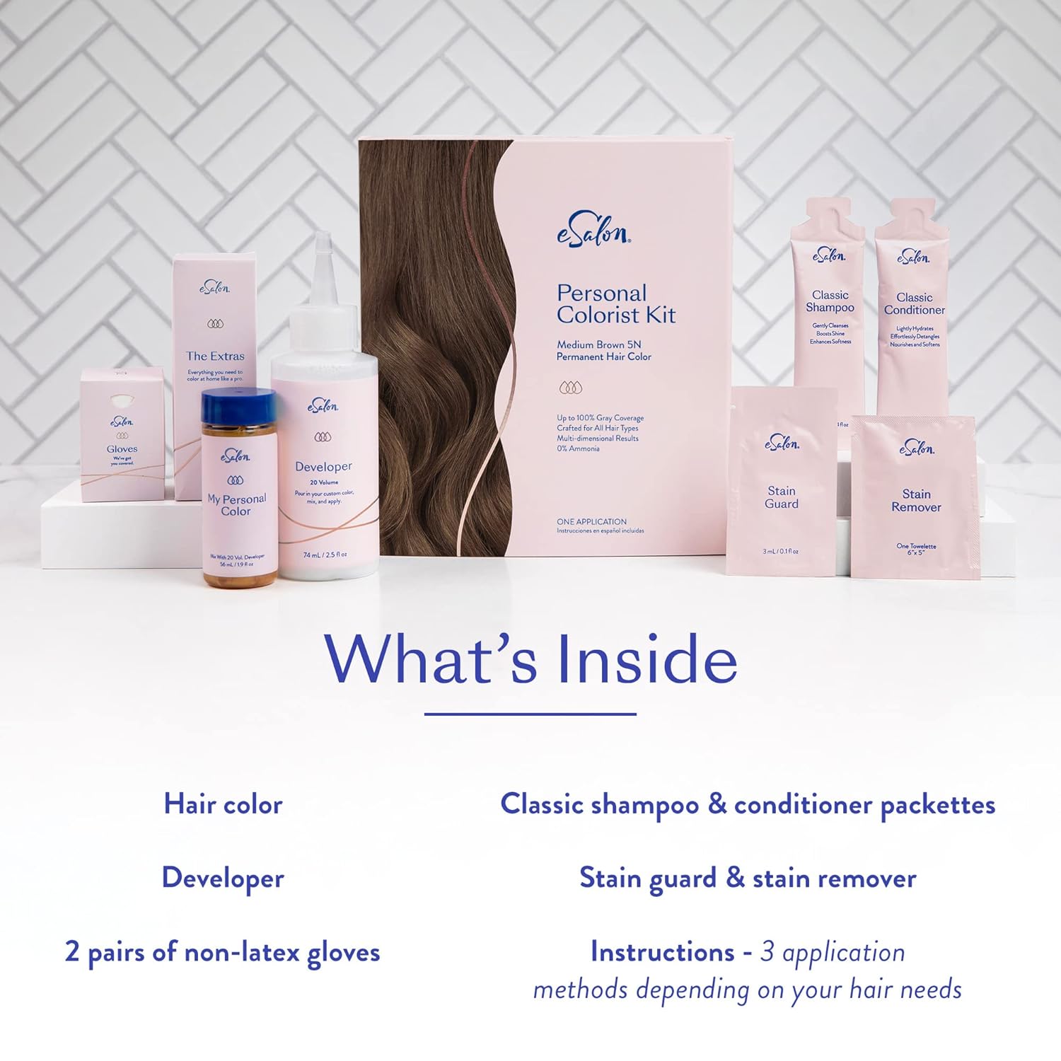 eSalon Kit completo de tinte permanente para el cabello y tinte para el cabello, marrón medio, kit de colorista personal para hasta un 100% de
