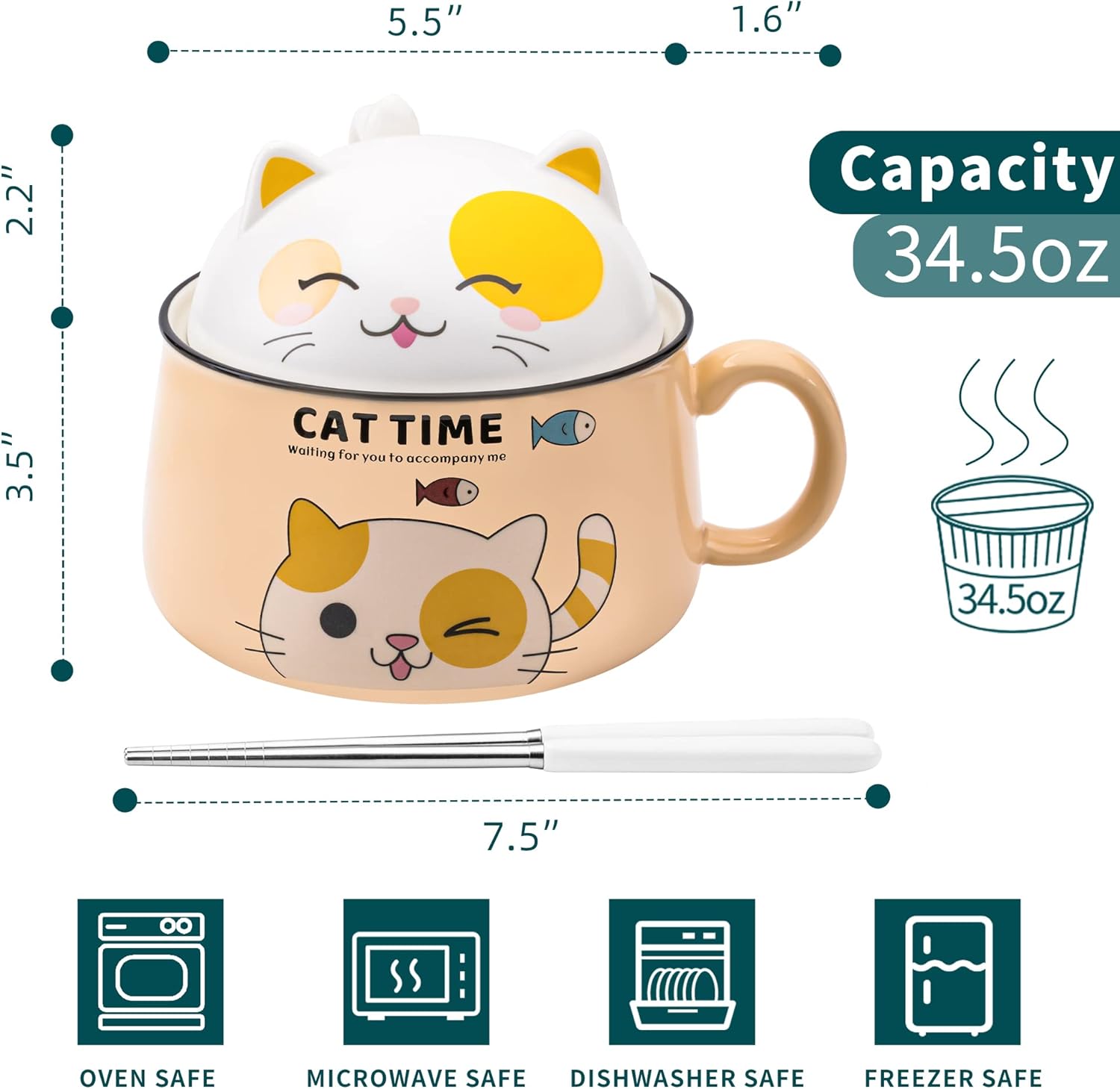 Juego de cuencos para ramen con palillos, lindos cuencos de fideos instantáneos para ramen con tapa, cuencos de cerámica extra grandes de 34.5 onzas