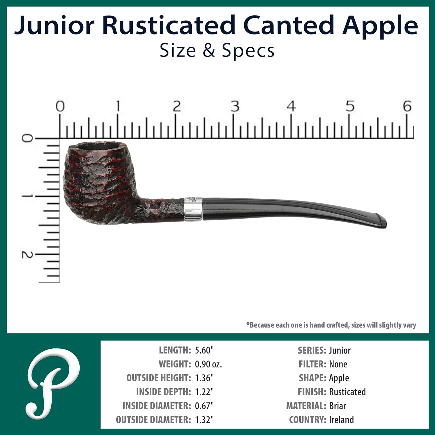 Peterson Pipes Junior Rusticated Canted Apple – Diseño vintage de pipa inglesa, pipa de tabaco pequeña hecha a mano, pipa de madera clásica de brezo