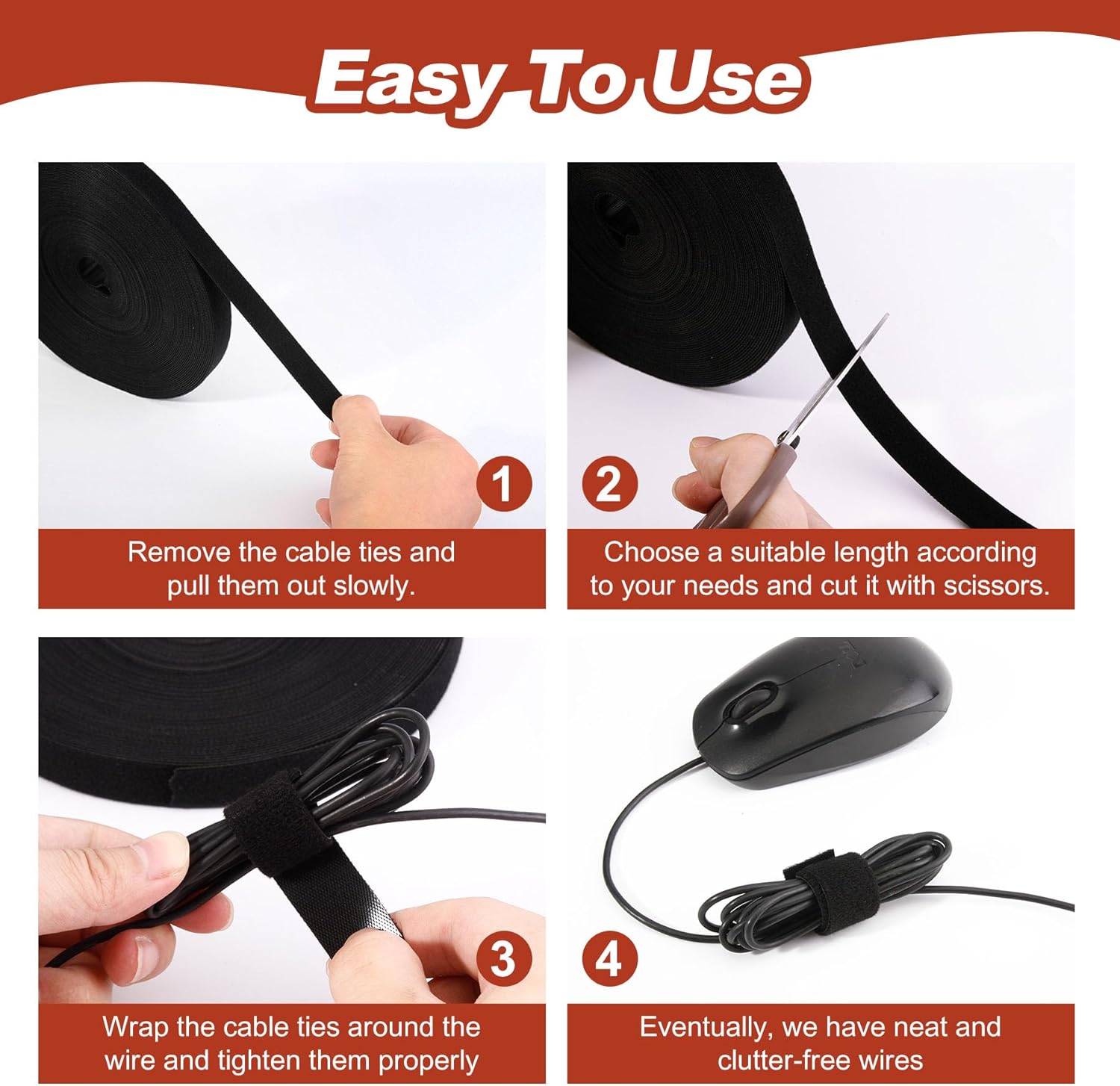 Meibeidor – Cinta de gestión de cables reutilizable de 34 pulgadas x 82 pies, cinta de gestión de cables reutilizable de doble cara, tiras de corte