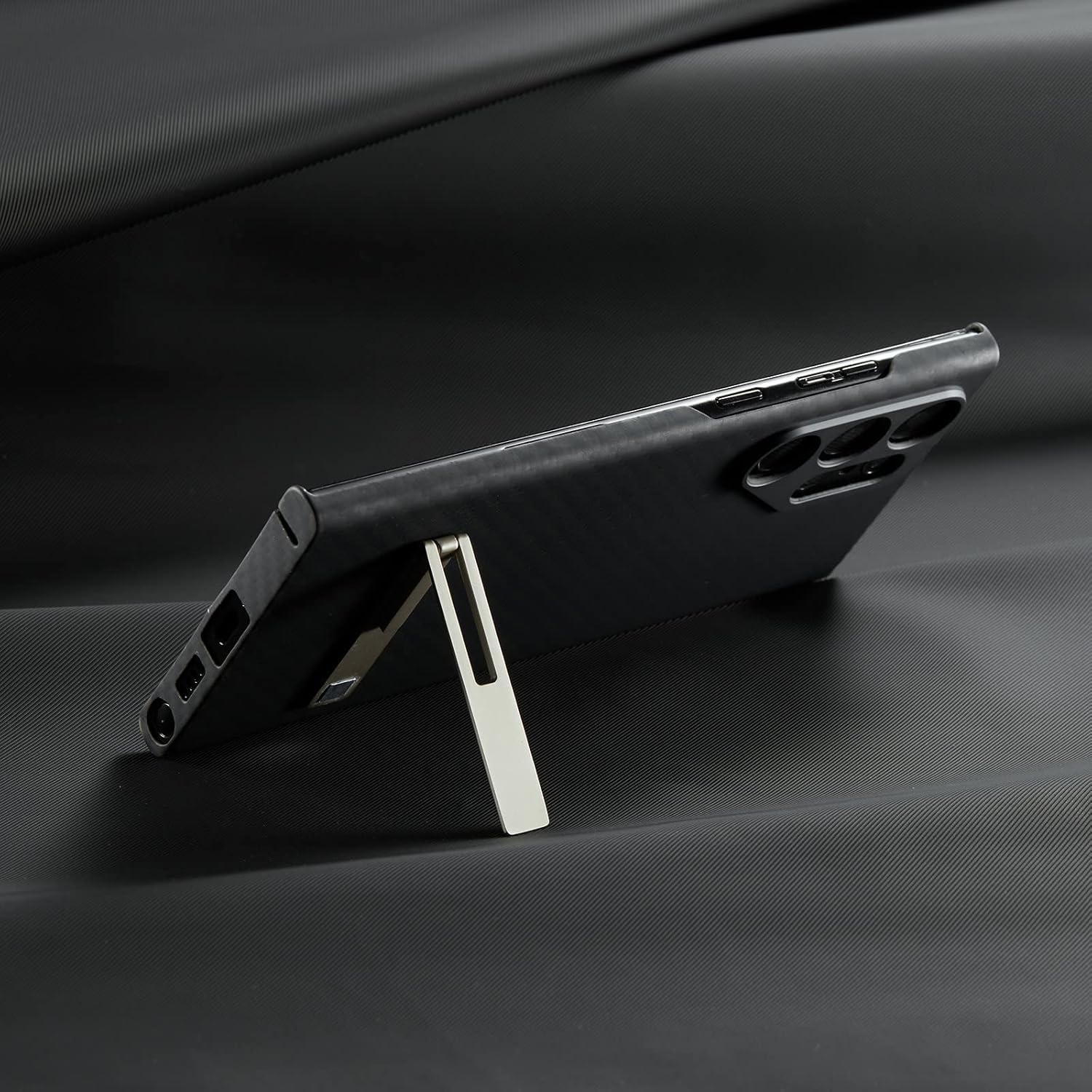 Funda compatible con Samsung Galaxy S23 Ultra, con soporte, fibra de carbono de aramida, diseño de moda para protección de lente de metal de