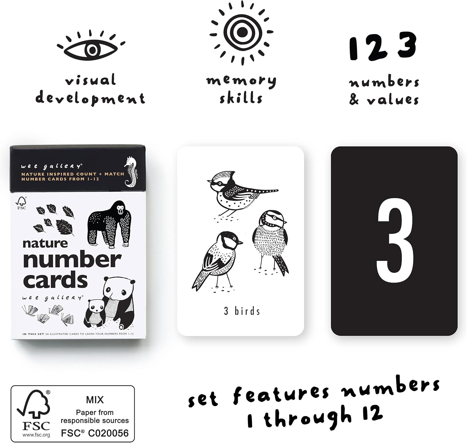 Wee Gallery Juego de tarjetas de números de bambú y números de la naturaleza, juguetes educativos de aprendizaje para bebés, niños pequeños, niños