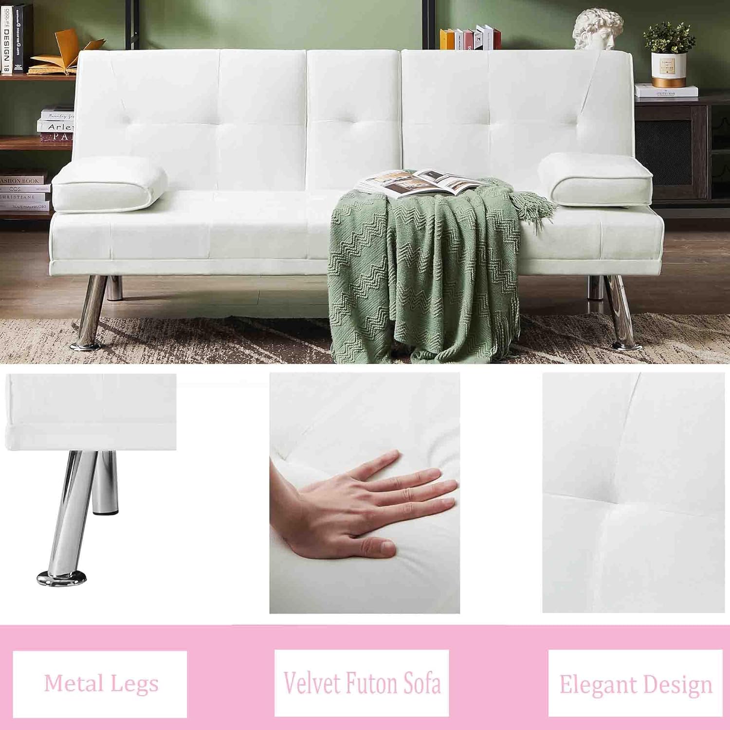 Mdhitsox Moderno sofá cama futón de terciopelo con 2 portavasos, sofá cama convertible con 3 respaldos ajustables y patas de metal, sofá biplaza