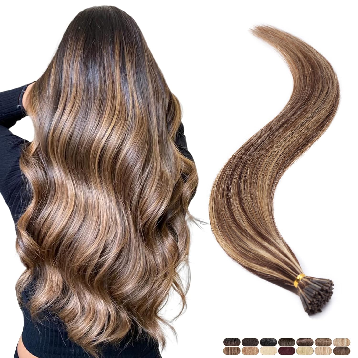Elailite I Tip – Extensiones de cabello humano V3.0 Itip con queratina en barra unida, cabello real, sedoso, lacio, natural, #4, mezcla de marrón