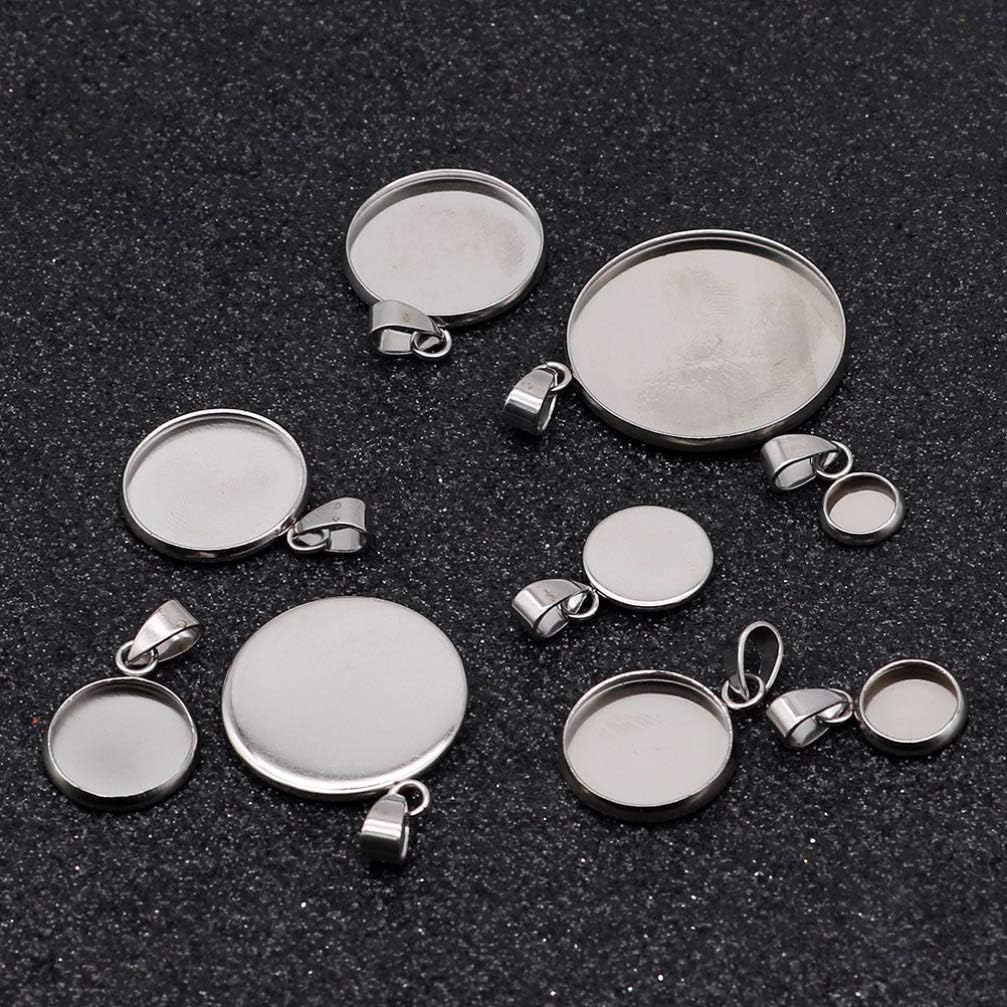 Juego de 20 bandejas colgantes de acero inoxidable, cabujones redondos, biseles, base en blanco, para fotos, collares, pulseras, joyería (plata,