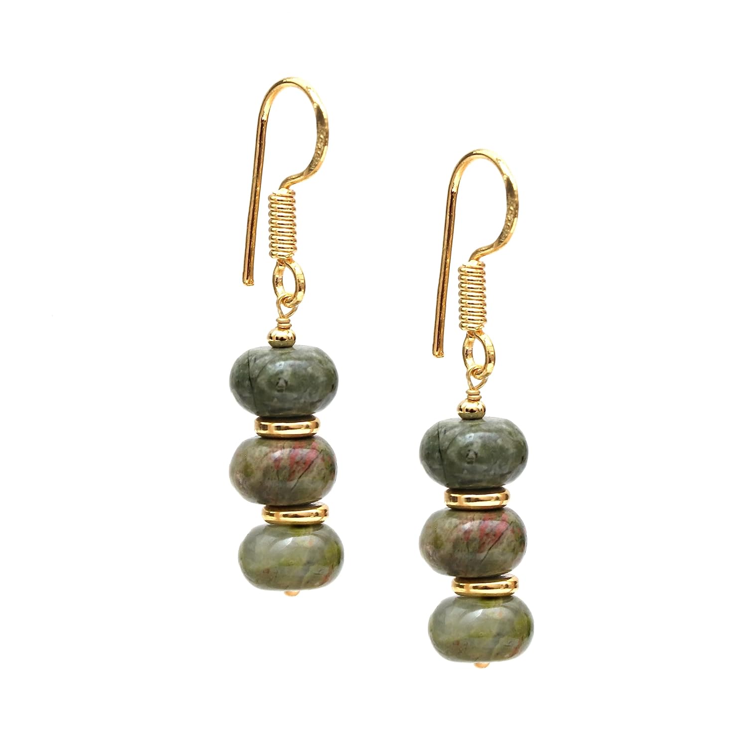 Gempires Mother’s Day Gift Unakite Rondelle Beads Earrings, Dangling Earrings, Crystal Earrings for Girls,14k Gold Plated Hook Earrings, Handmade