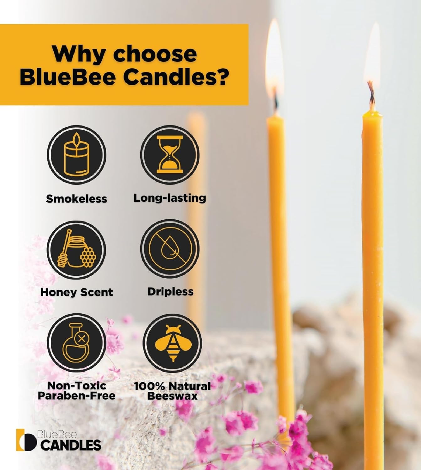 BlueBee – Velas de cera de abeja pura a granel para el hogar, 50 velas altas y delgadas, aroma a miel, sin humo, de larga duración, totalmente