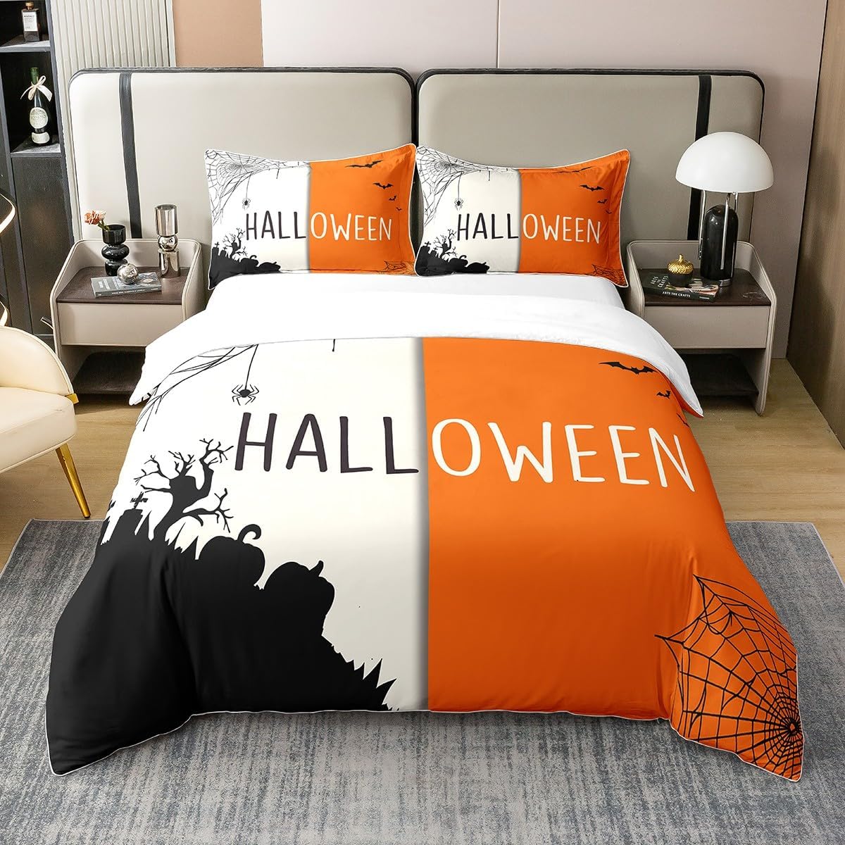 Juego de funda de edredón de Halloween 100% algodón para niños y niñas, juego de funda de edredón vintage de Halloween, tamaño Queen, juego de ropa