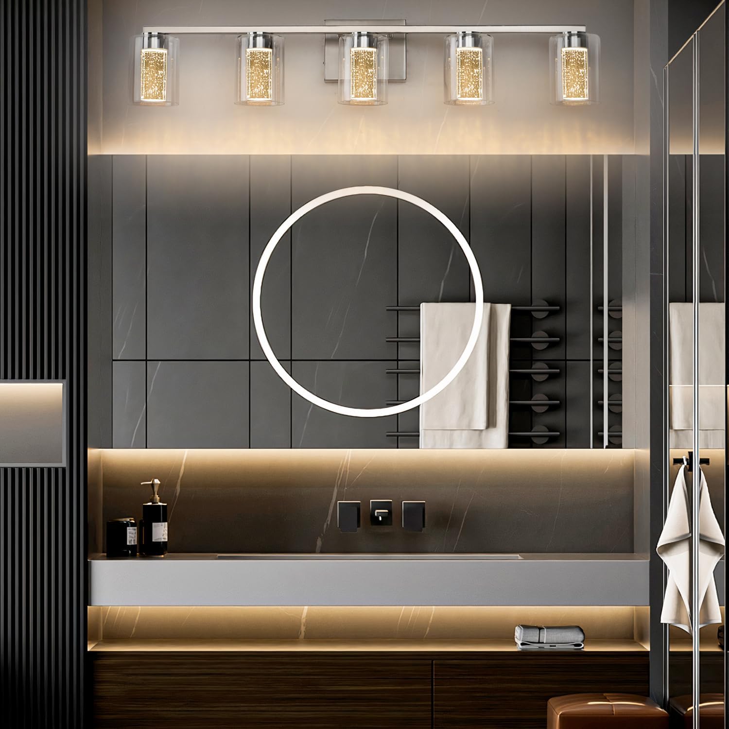 Lámpara de tocador de 5 luces de níquel cepillado con 3 modos de color (3000 K4000 K6500 K), lámpara LED de baño con protección ocular, luz de pared