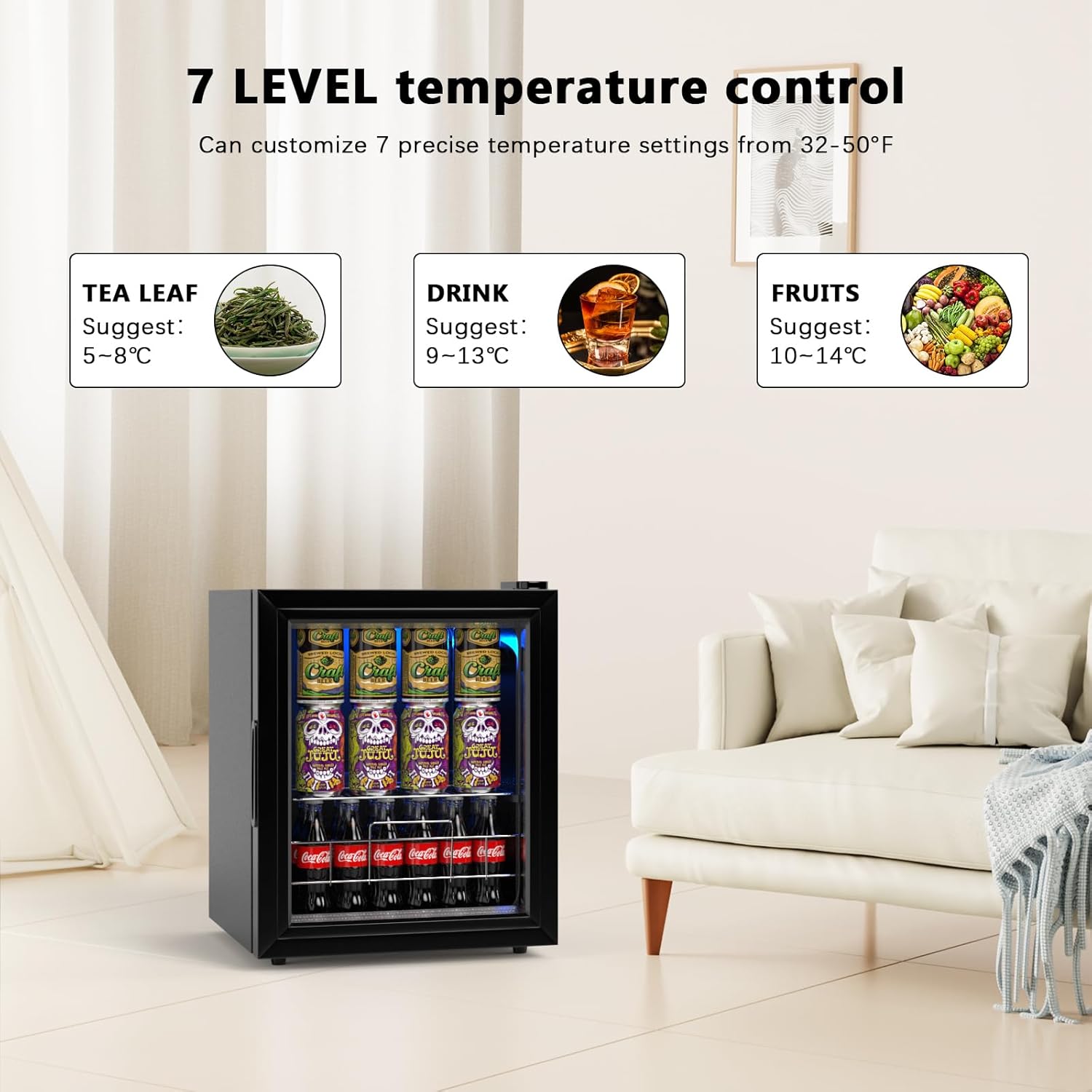 Refrigerador de bebidas para 75 latas, mini refrigerador independiente con puerta de vidrio y estantes ajustables, refrigerador pequeño para
