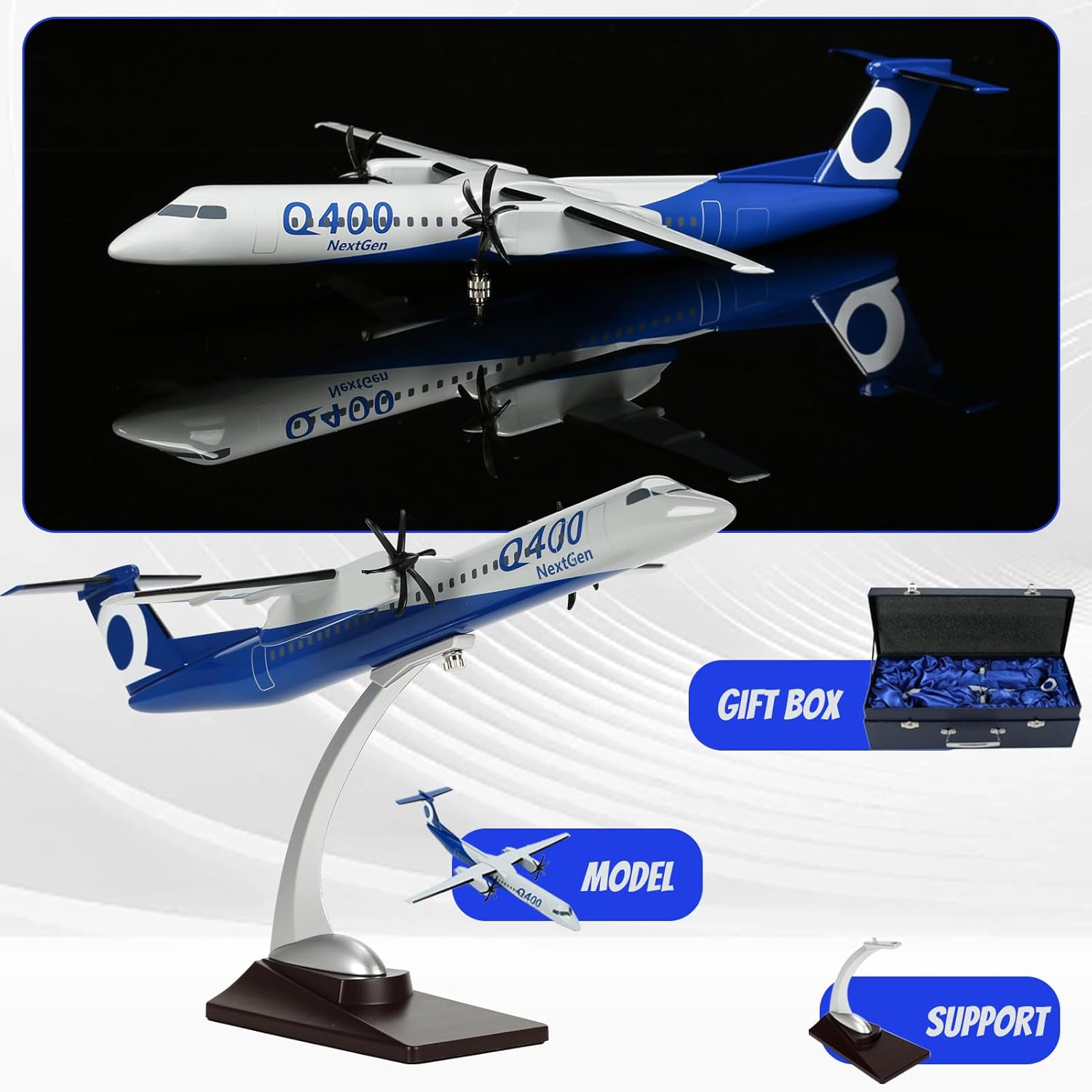 Bombardier Dash 8-Q400 Escala 1100 Modelo de turbohélice gemelo modelo de avión de aleación de resina fundido a presión con soporte y caja de regalo