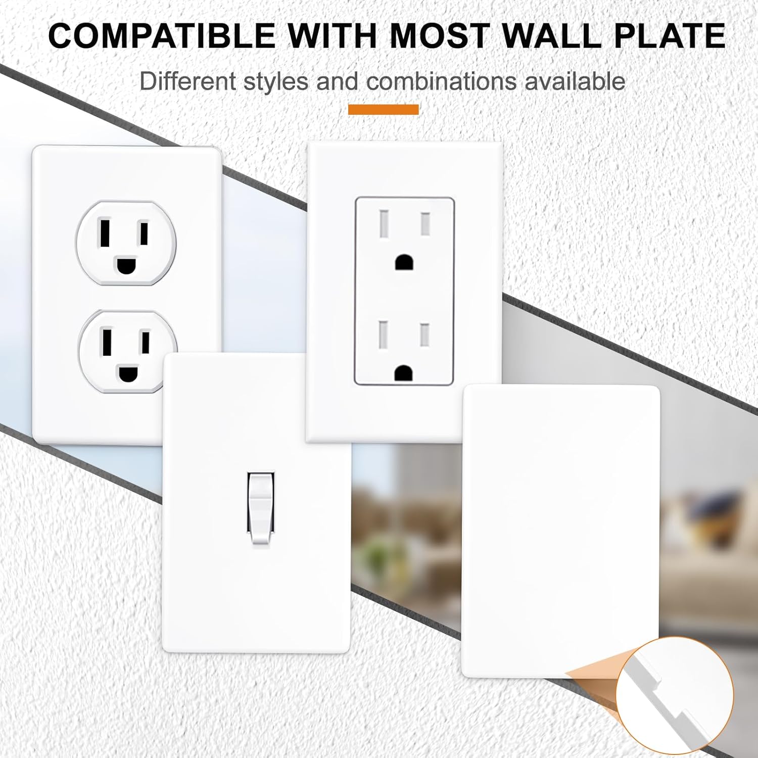 Cubierta de interruptor dúplex individual, placa de pared sin tornillos, tamaño estándar de 2 segmentos 4.72 x 2.95 pulgadas, termoplástico de