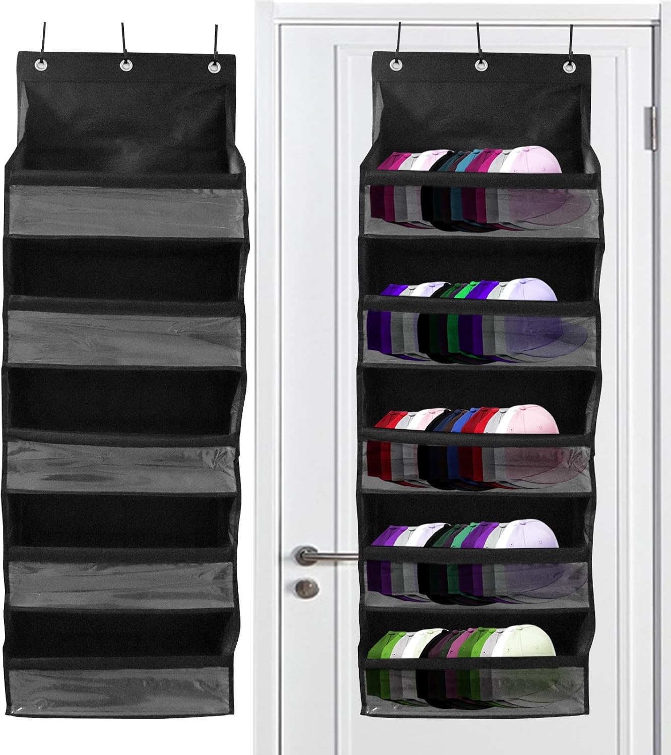 Percheros para sombreros de puerta para gorras de béisbol, organizador de sombreros con bolsillos profundos para armario o pared para 72 sombreros,