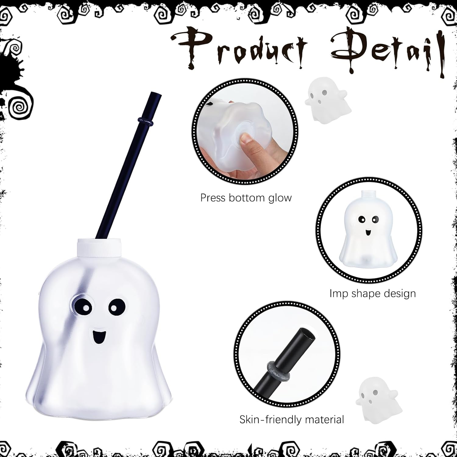 Zubebe 6 tazas con forma de fantasma de Halloween que brillan en la oscuridad con tapa de pajilla, 3 modos de luz coloridos, reutilizables,