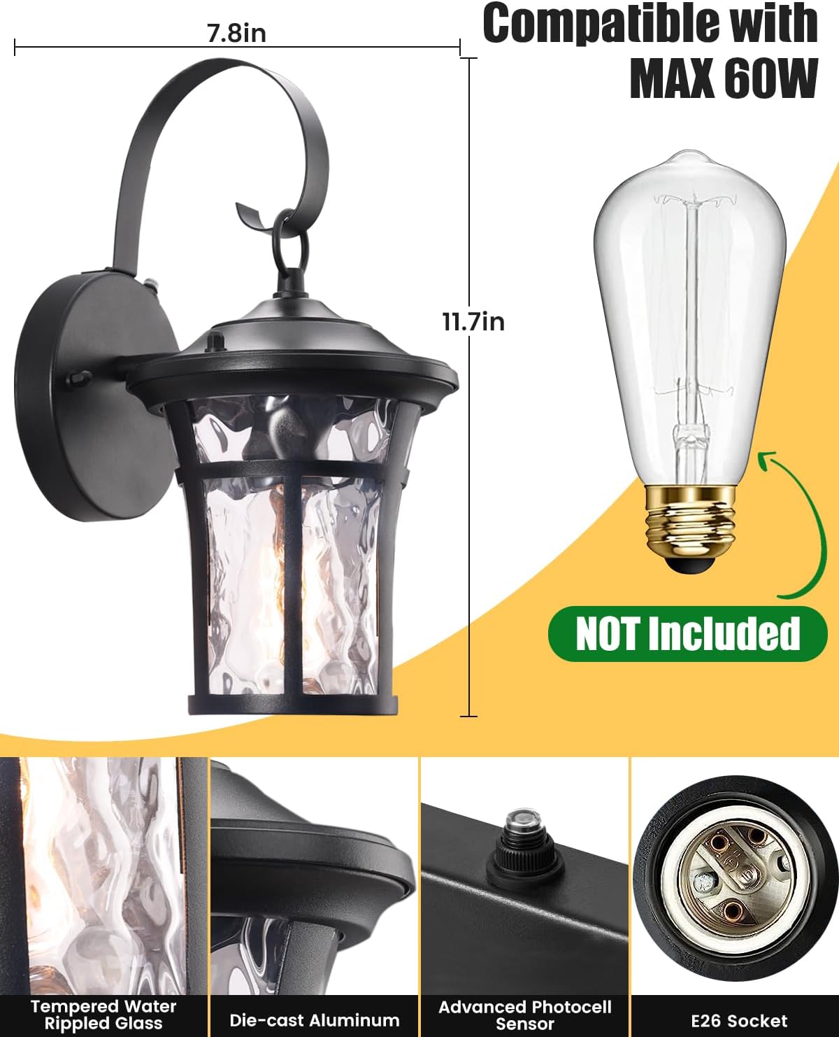 WSCXSC Lámpara de pared al aire libre del anochecer al amanecer, iluminación al aire libre para porche, impermeable, antioxidante, luces de exterior