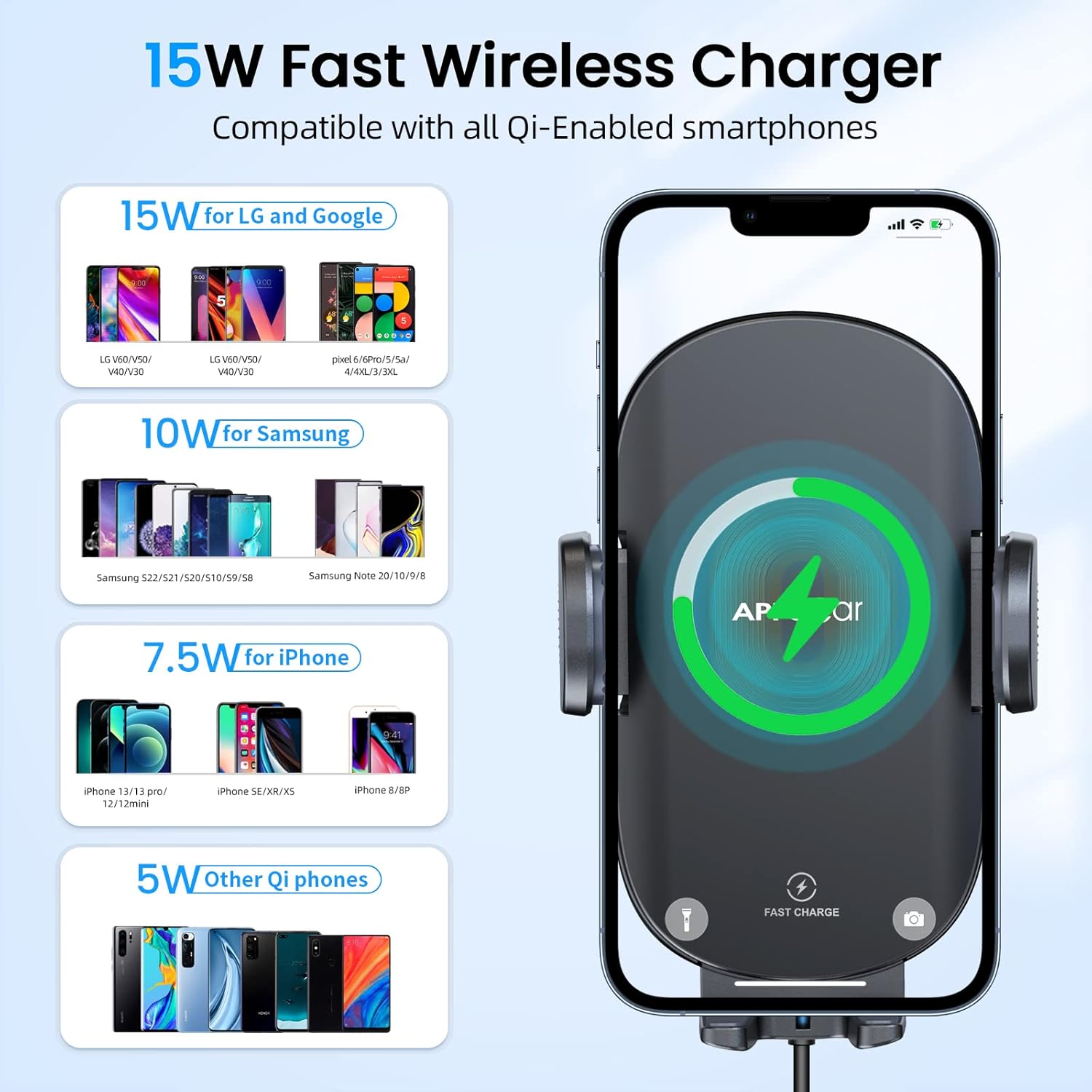 Portavasos Soporte de teléfono Cargador de coche inalámbrico de 15 W Qi de carga rápida Portavasos ajustable Soporte de teléfono para coche con
