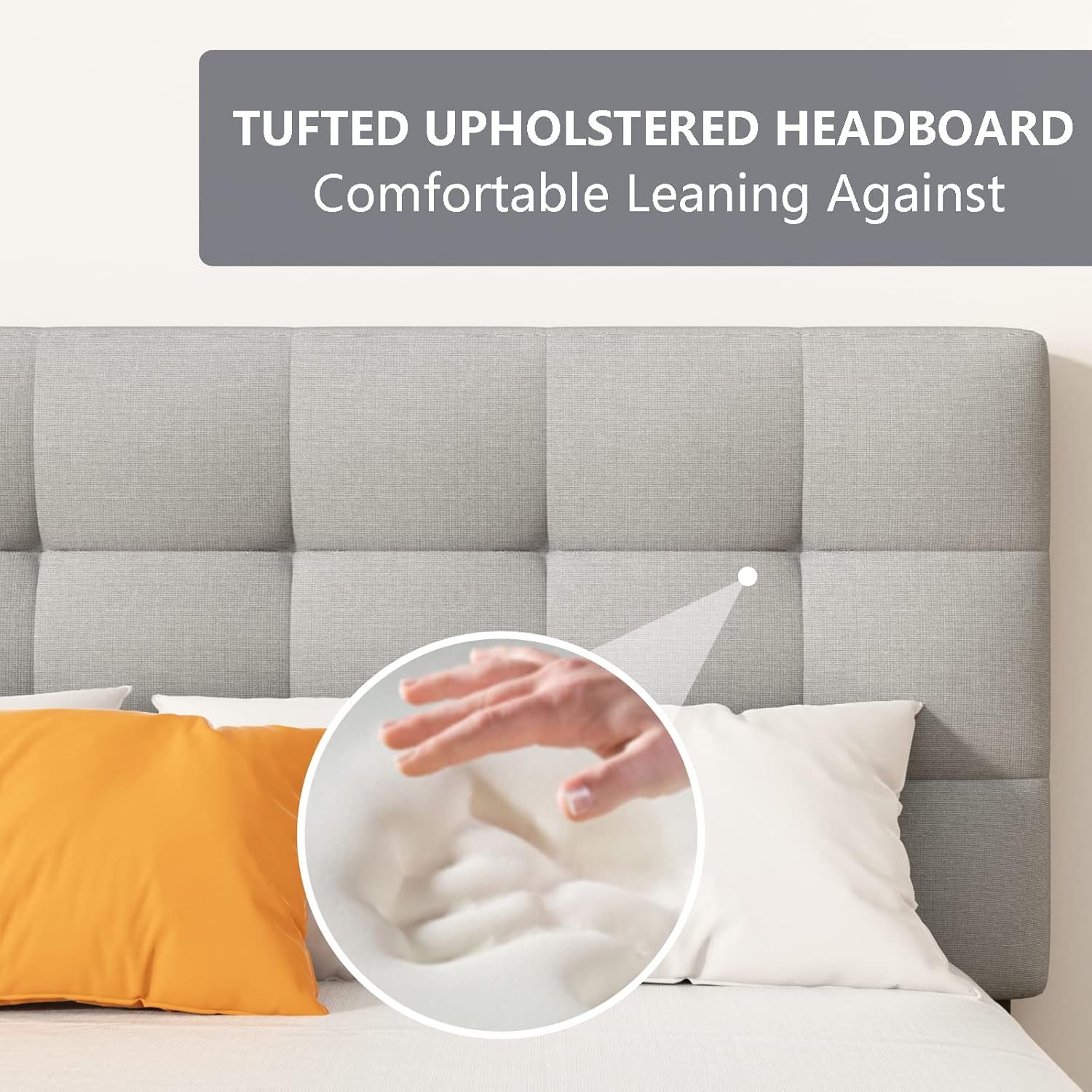UNIZONE Base de cama tapizada de tamaño matrimonial con cabecera capitoné, cama de plataforma con cabecera de tela de lino, soporte de listones de