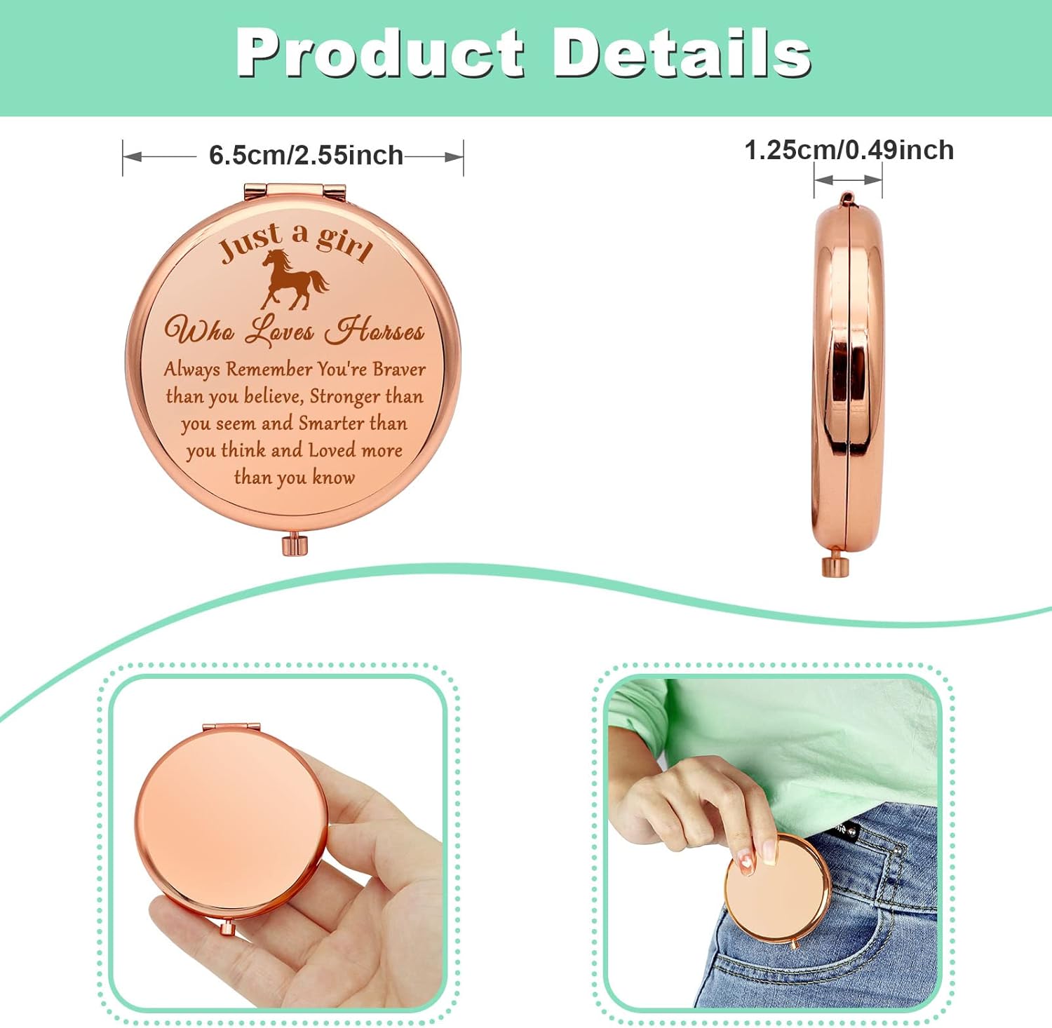 Regalo para amantes de los caballos, regalos para niñas, espejo de maquillaje compacto para hija, sobrina, regalos ecuestres para mujeres, regalos