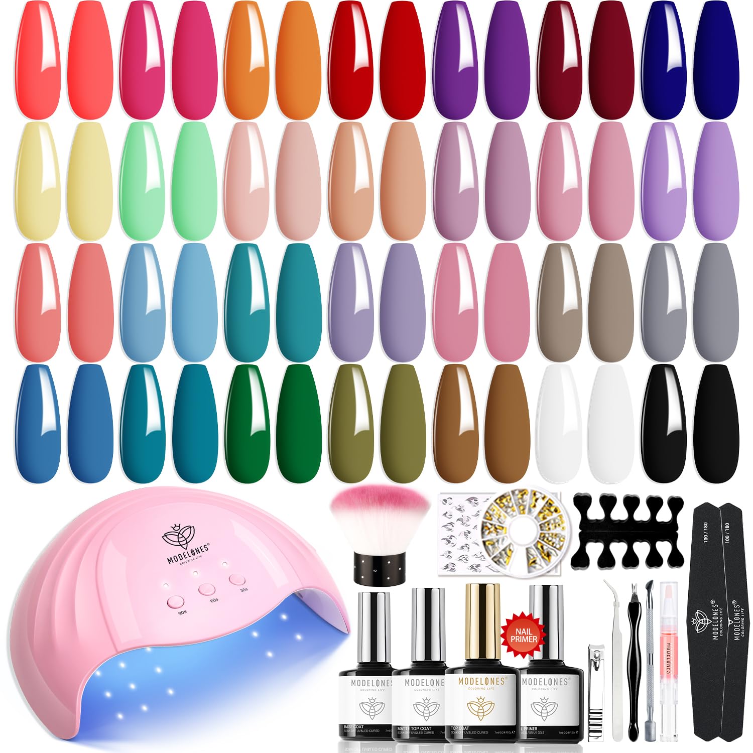 Modelones Kit de 45 esmaltes de uñas de gel con kit de inicio de luz UV, 28 colores para todas las estaciones, juego de manicura de gel de uñas que