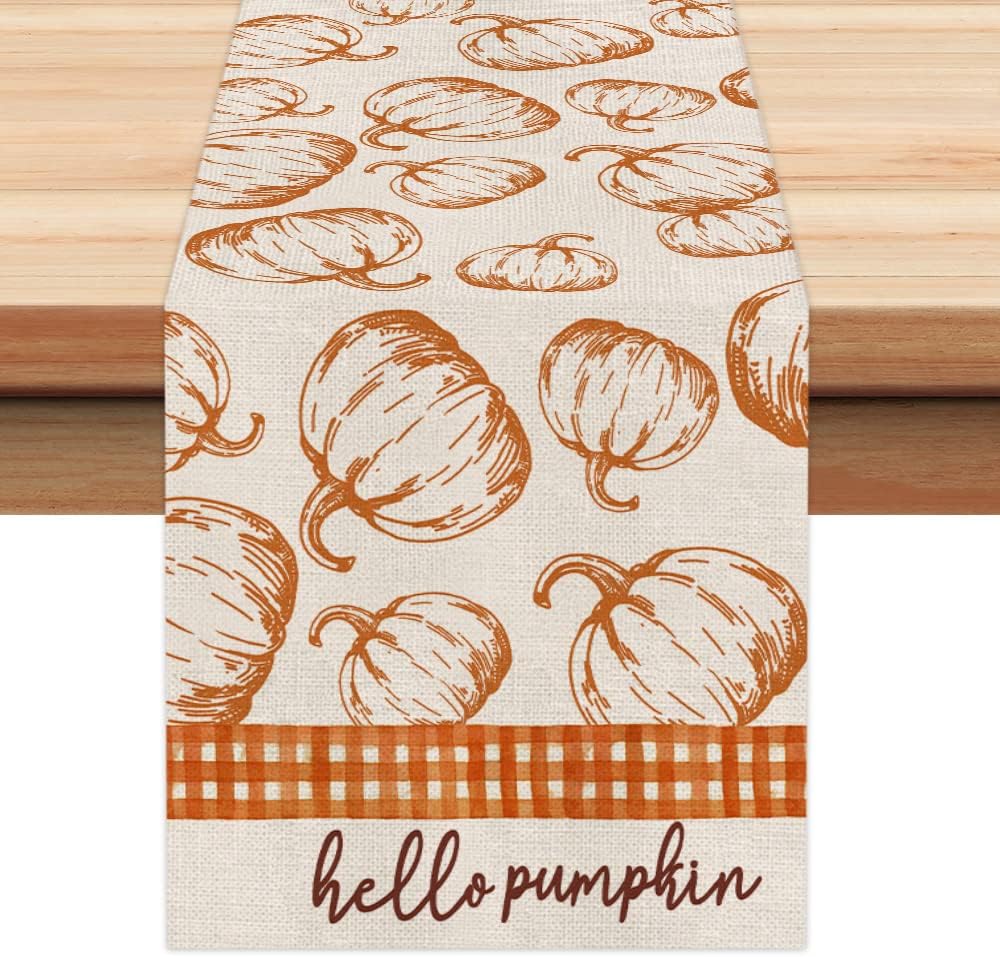 ARKENY Camino de mesa de Acción de Gracias de 13 x 120 pulgadas, naranja Hello Pumpkin, arpillera de temporada para interiores y otoño, camino de