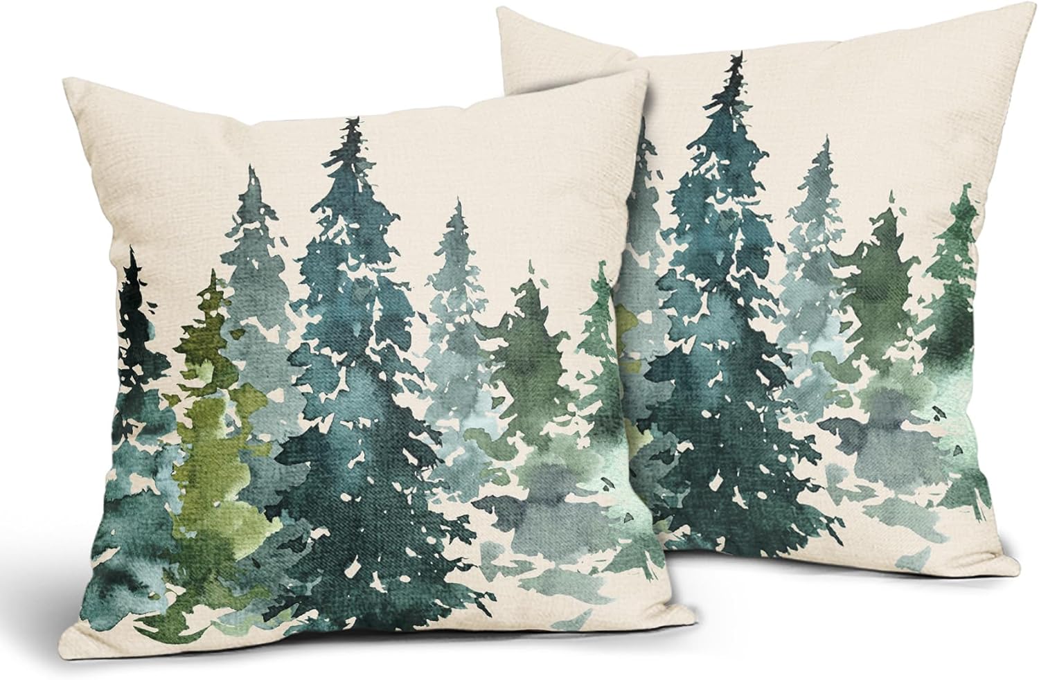Juego de 2 fundas de almohada decorativas con diseño de árbol azul y verde en acuarela de 18 x 18 pulgadas, con temática de naturaleza, decoración
