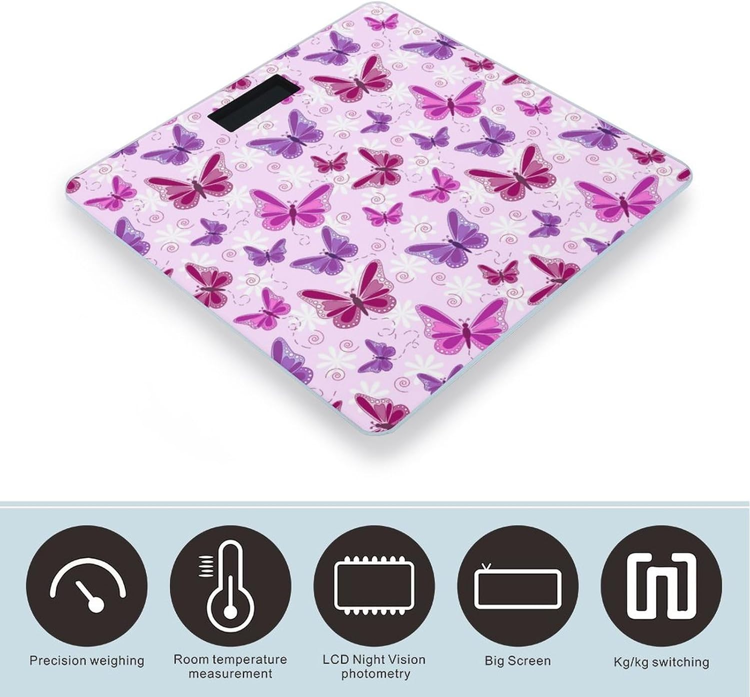 Báscula divertida púrpura del cuarto de baño de la mariposa para el peso corporal Máquina de pesaje altamente exacta de la exhibición del LCD de