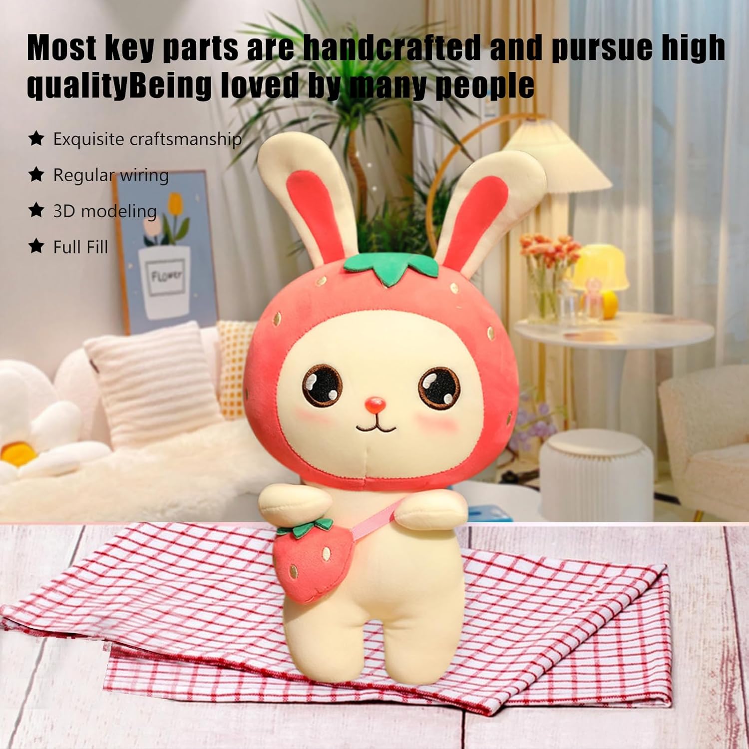 AUCOOMA Almohada de peluche de conejito de fresa para niñas, rosa 11.8