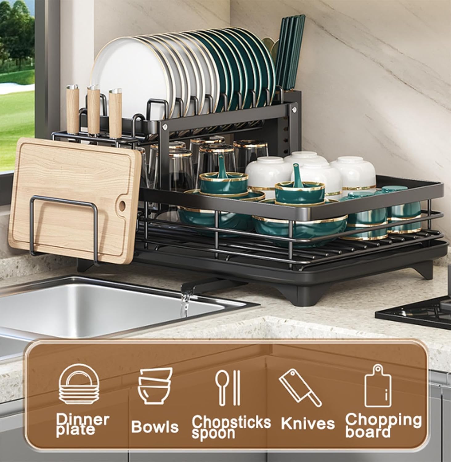 Escurridor grande de 2 niveles para encimera de cocina, escurridor de platos con soporte extraíble para utensilios, escurridor de platos desmontable