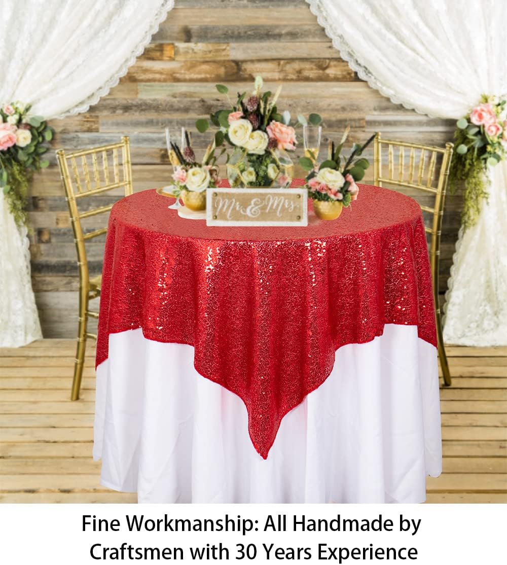 Mantel de lentejuelas cuadradas de 48 x 48 pulgadas, color rojo, mantel de lentejuelas  superposicióncubierta de lino brillante (rojo)