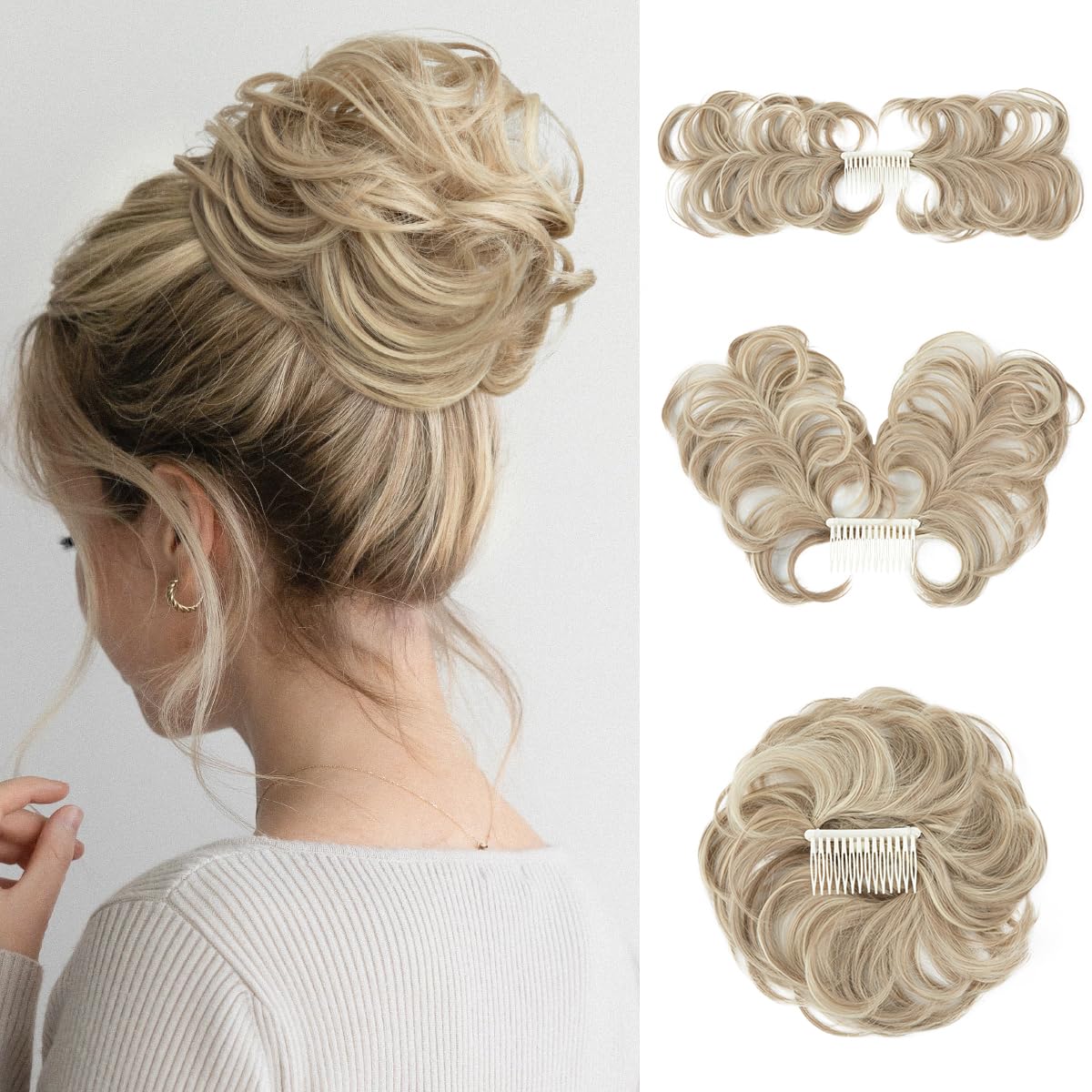 Peine de moño desordenado con clip lateral para mujer, corto, natural, lacio, versátil, ajustable, fácil de peinar, rubio oscuro C