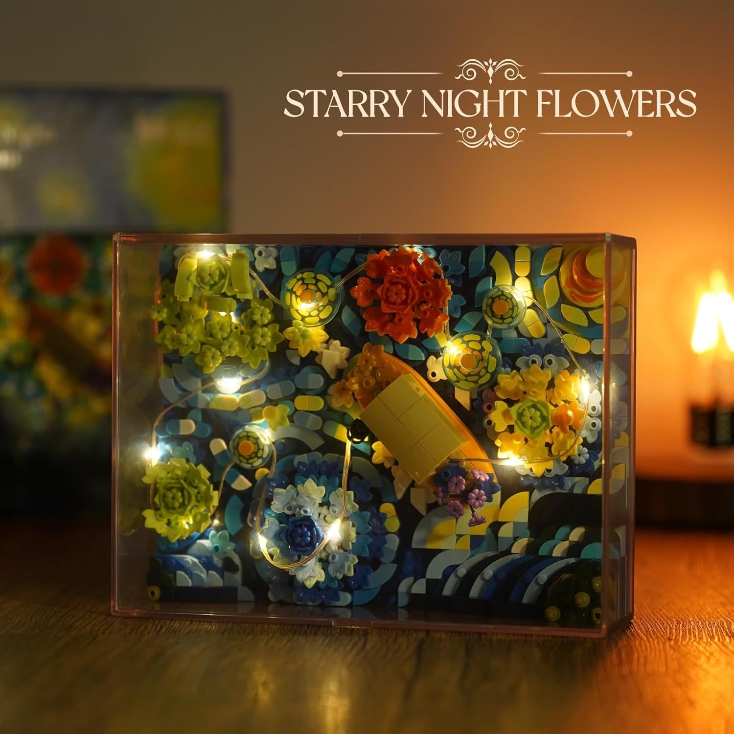 QLT QIAOLETONG Ideas The Starry Night Flowers Mini bloques de construcción para adultos, juego de construcción de Vincent Van Gogh con iluminación,