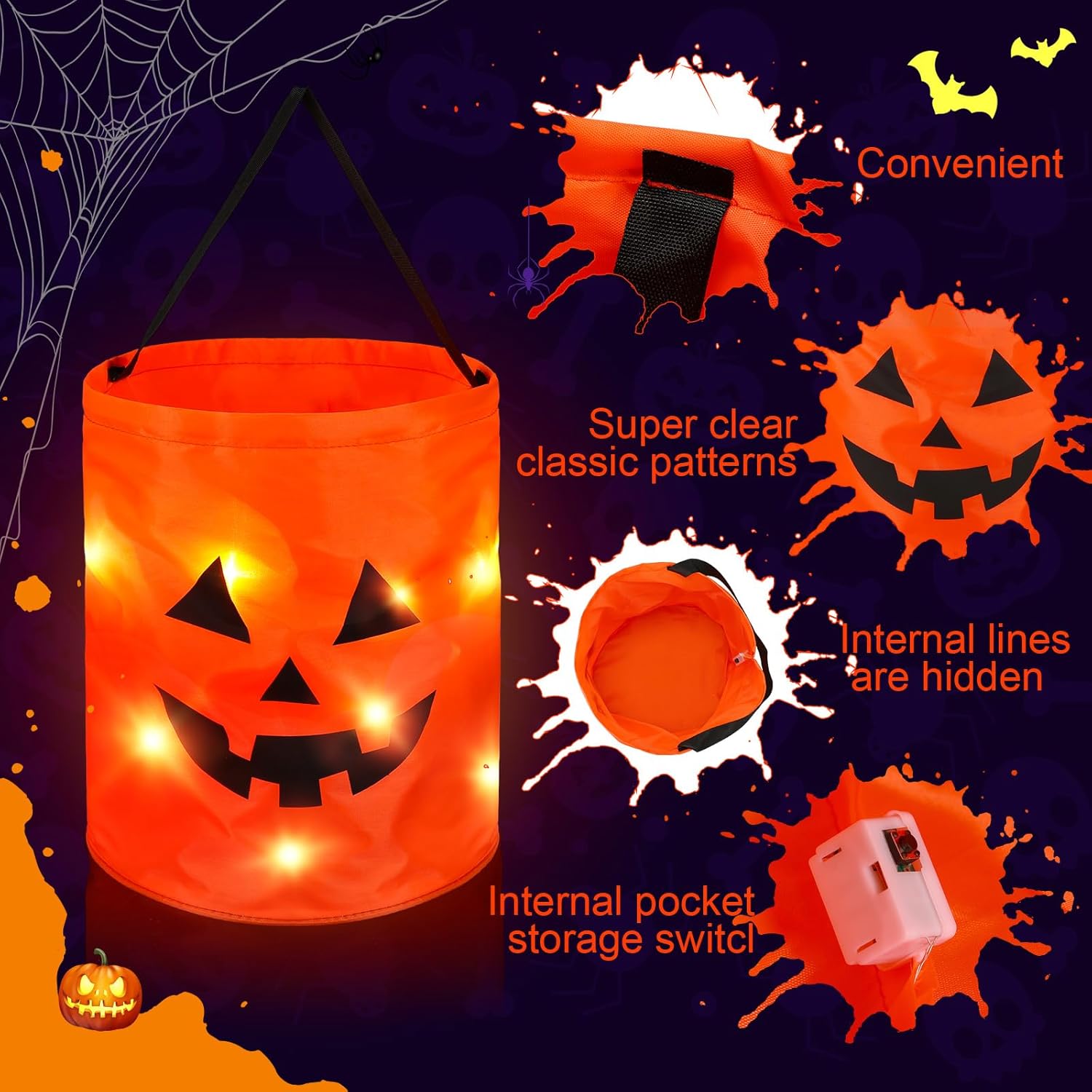 Bolsas de Halloween con luz LED para trucos o tratos, cubo de calabaza iluminada, bolsa de dulces de Halloween con cara de calabaza sonrisa, cubo de