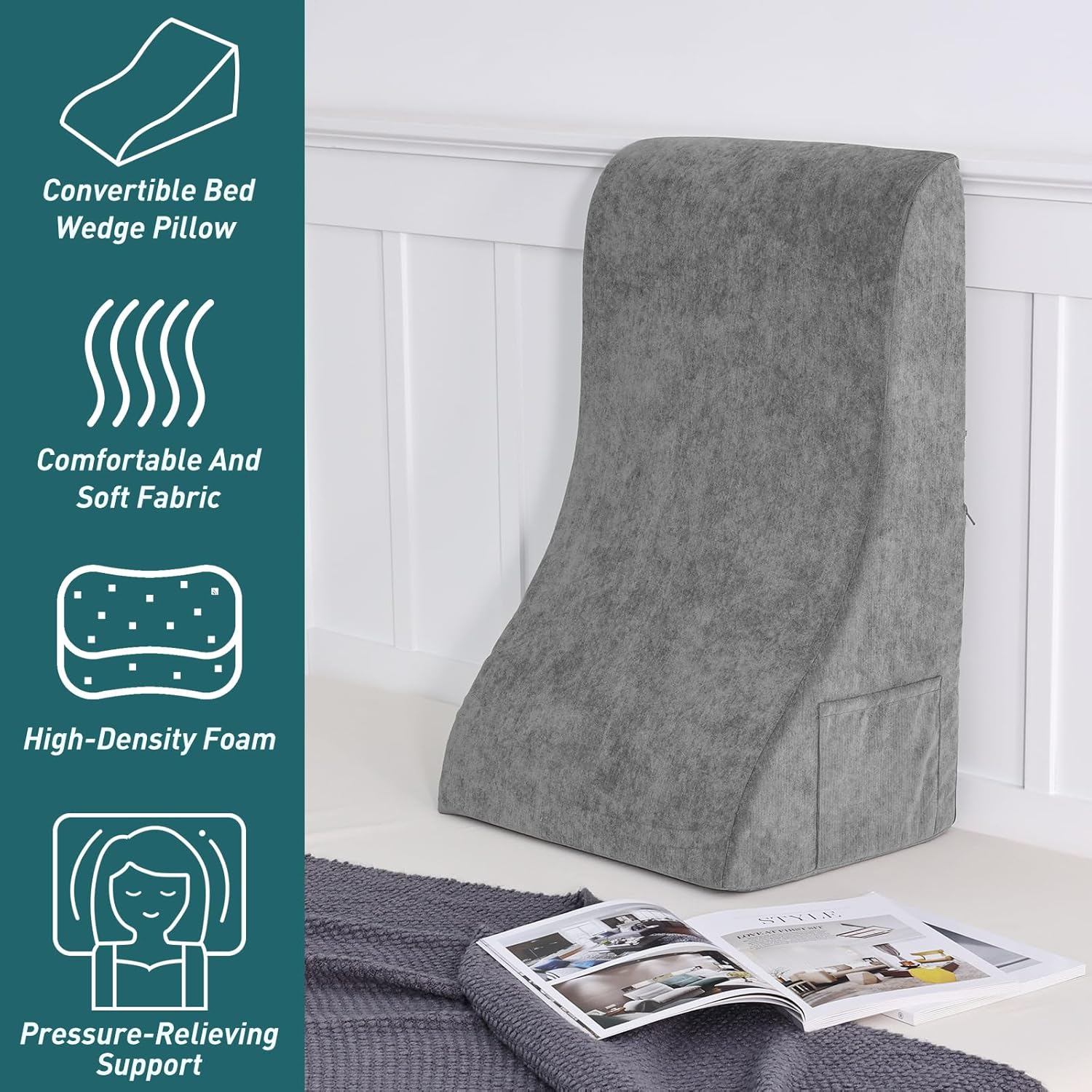 baibu Almohada de lectura de espuma viscoelástica de 25 x 20 pulgadas, almohada de respaldo para sentarse en la cama, almohada para silla de