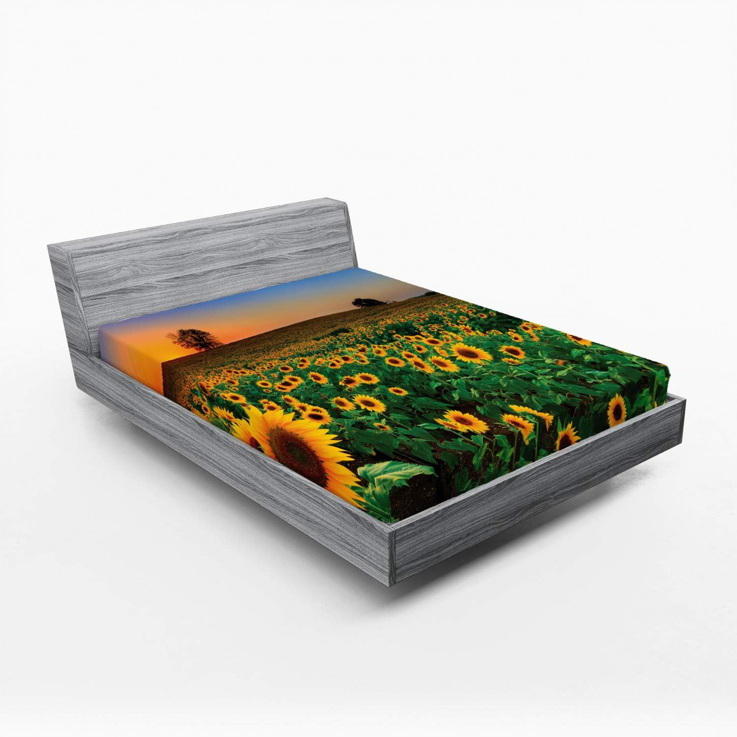Ambesonne Sábana bajera ajustable de girasol, temática de verano, foto generada digitalmente de flores archivadas al atardecer Vivid Sky, funda de