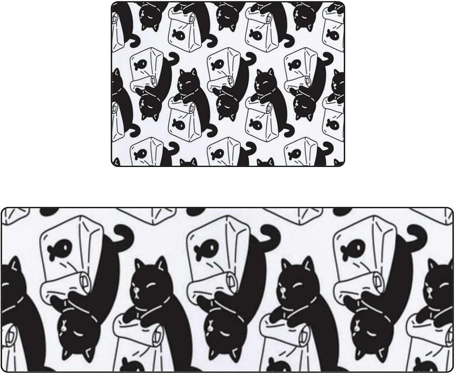 Juego de 2 alfombras de cocina antifatiga, divertido y lindo gato gatito negro y blanco, alfombra de pasillo, comedor, lavable, antideslizante, para