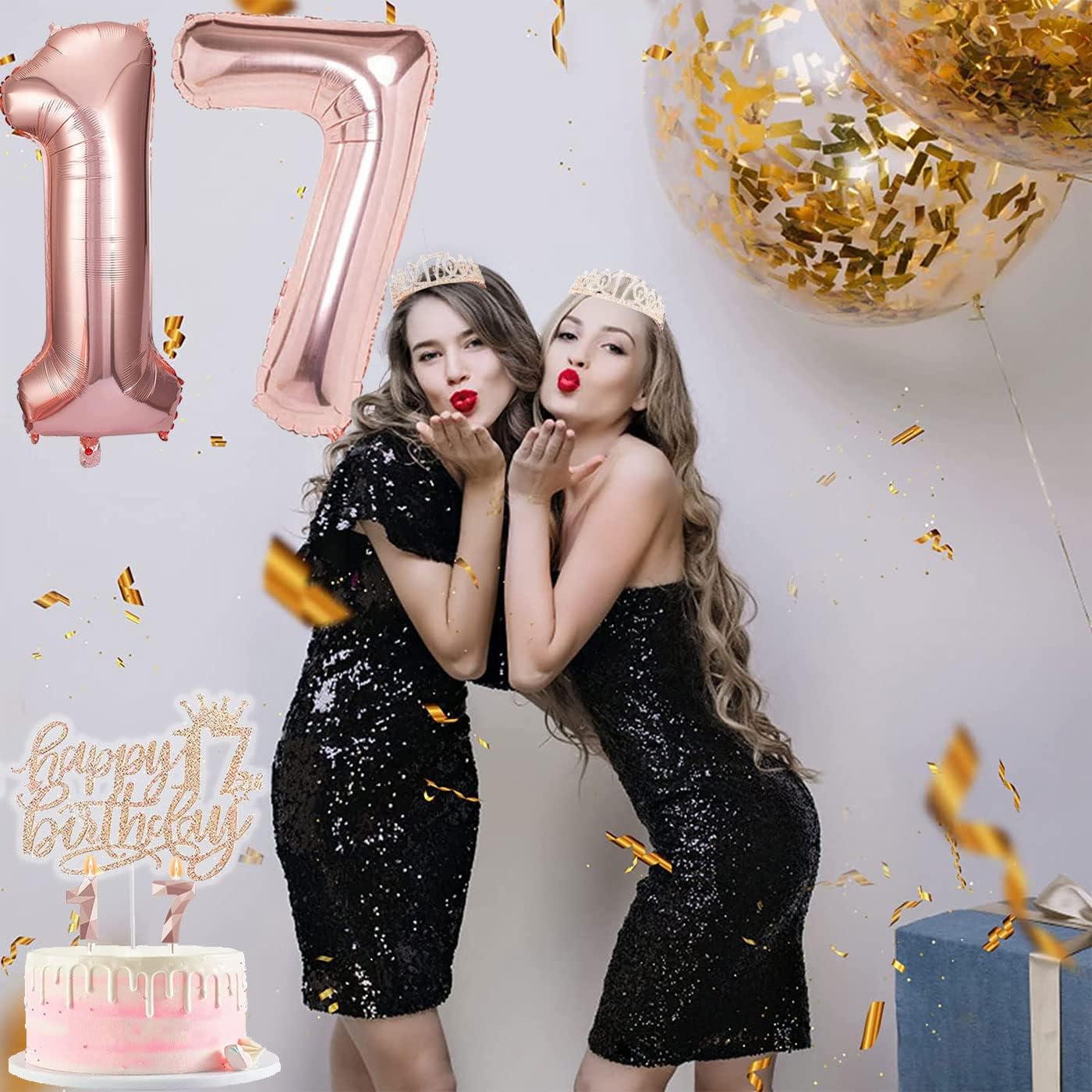 8 decoraciones de cumpleaños número 17 para niñas, incluye adorno para pastel de cumpleaños de 17 años, banda de reina de cumpleaños con alfiler de