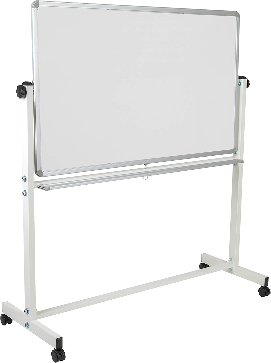 EMMA + OLIVER Tablero de anuncios de corcho móvil reversible de 53 pulgadas de ancho x 59 pulgadas de alto y tablero blanco con bandeja para